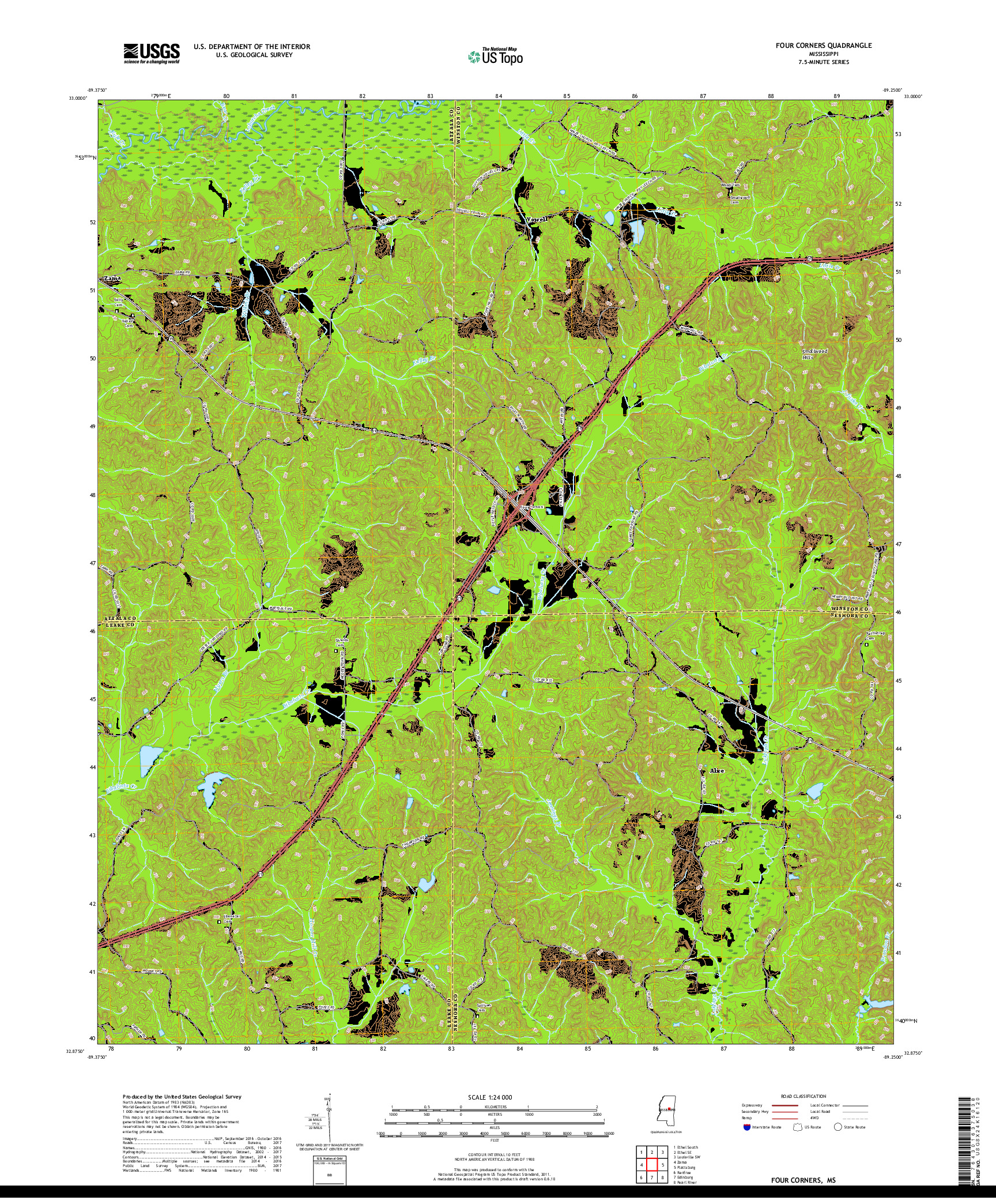 USGS US TOPO 7.5-MINUTE MAP FOR FOUR CORNERS, MS 2018