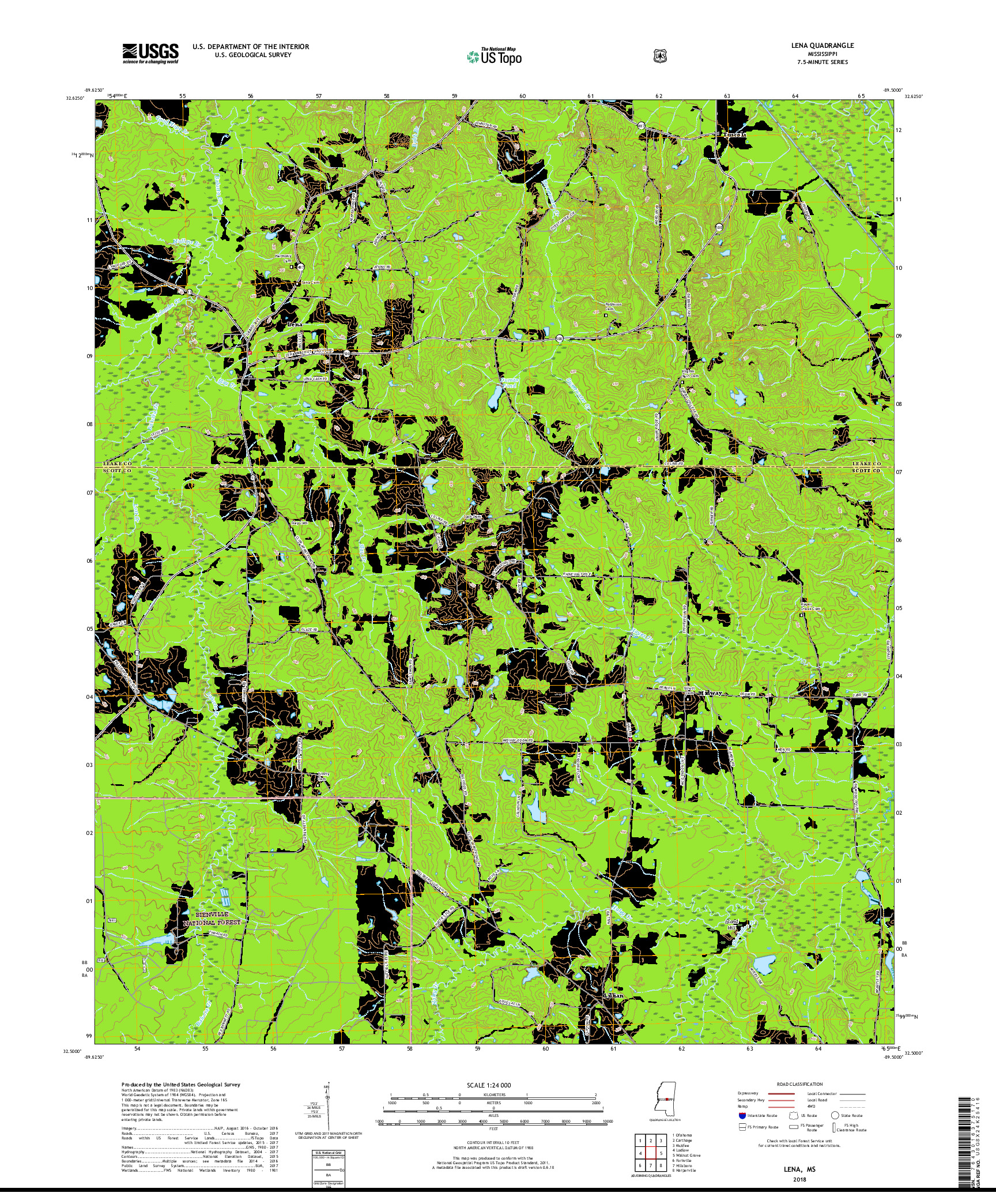 USGS US TOPO 7.5-MINUTE MAP FOR LENA, MS 2018