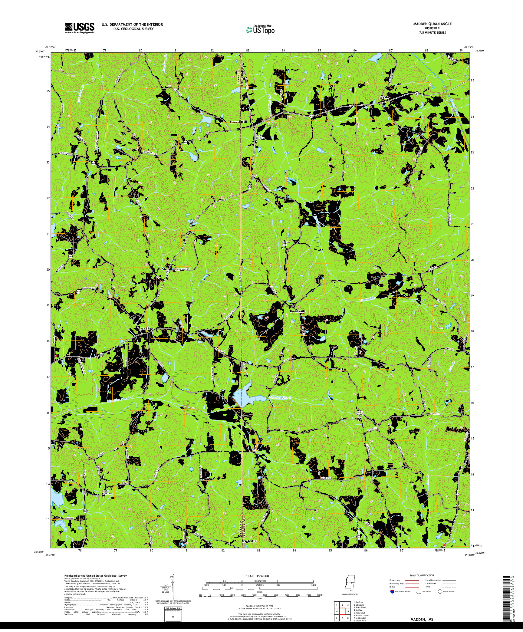 USGS US TOPO 7.5-MINUTE MAP FOR MADDEN, MS 2018