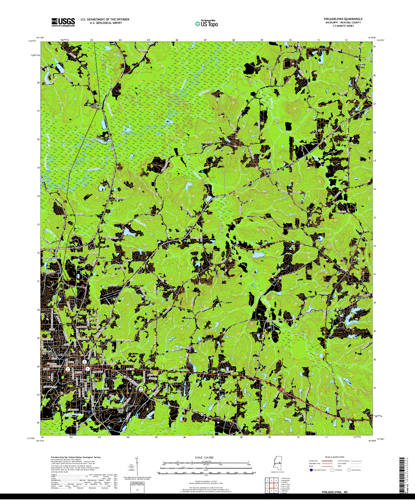 USGS US TOPO 7.5-MINUTE MAP FOR PHILADELPHIA, MS 2018