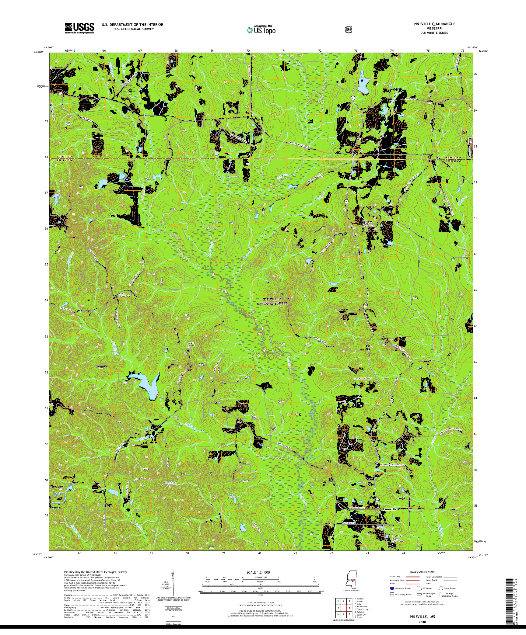 USGS US TOPO 7.5-MINUTE MAP FOR PINEVILLE, MS 2018