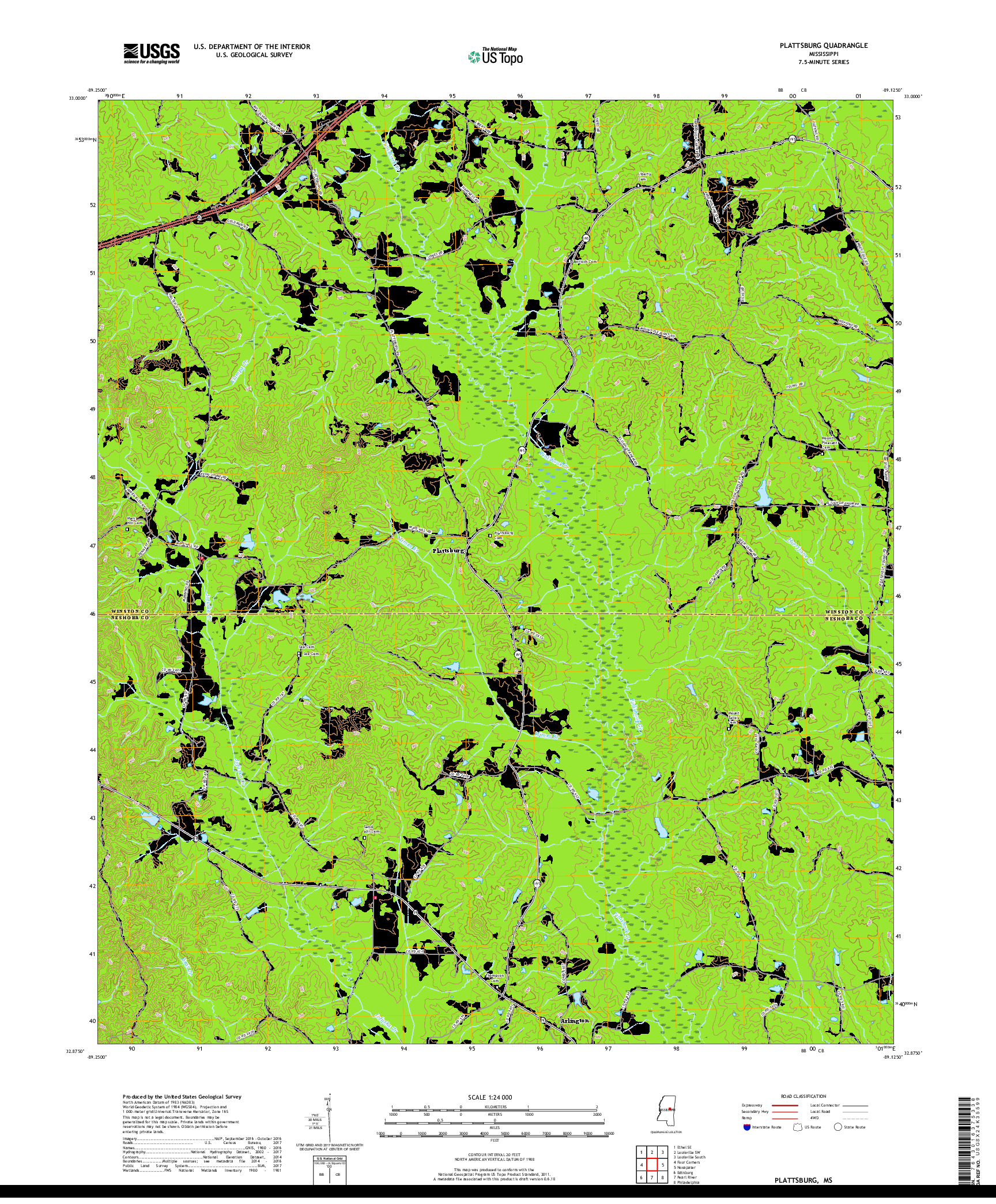 USGS US TOPO 7.5-MINUTE MAP FOR PLATTSBURG, MS 2018