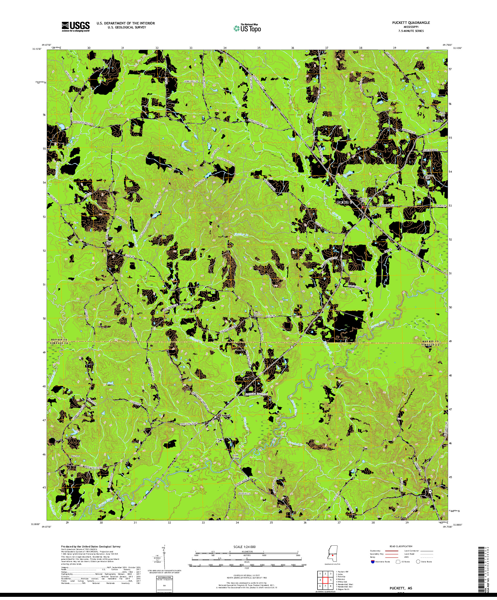 USGS US TOPO 7.5-MINUTE MAP FOR PUCKETT, MS 2018