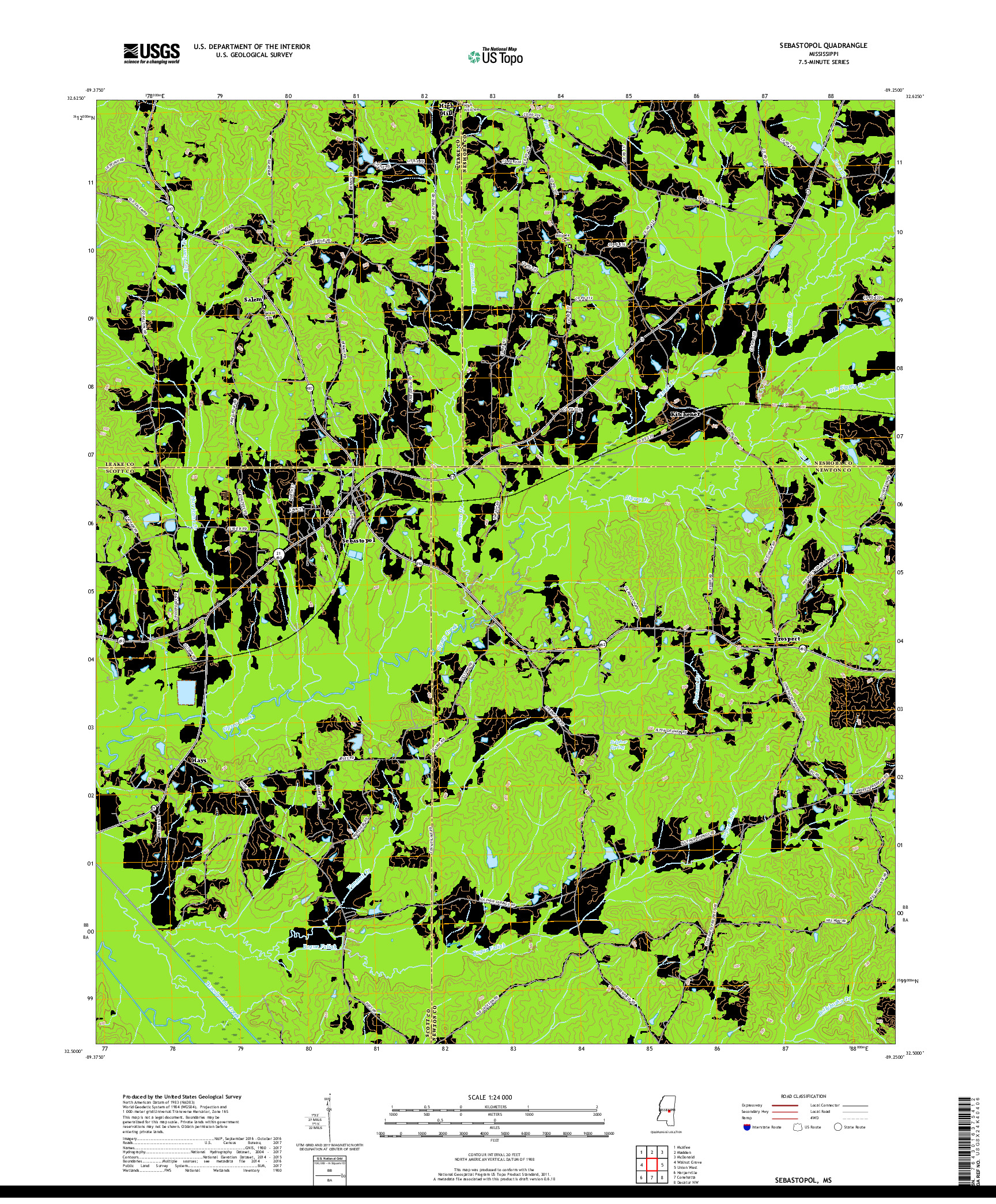 USGS US TOPO 7.5-MINUTE MAP FOR SEBASTOPOL, MS 2018