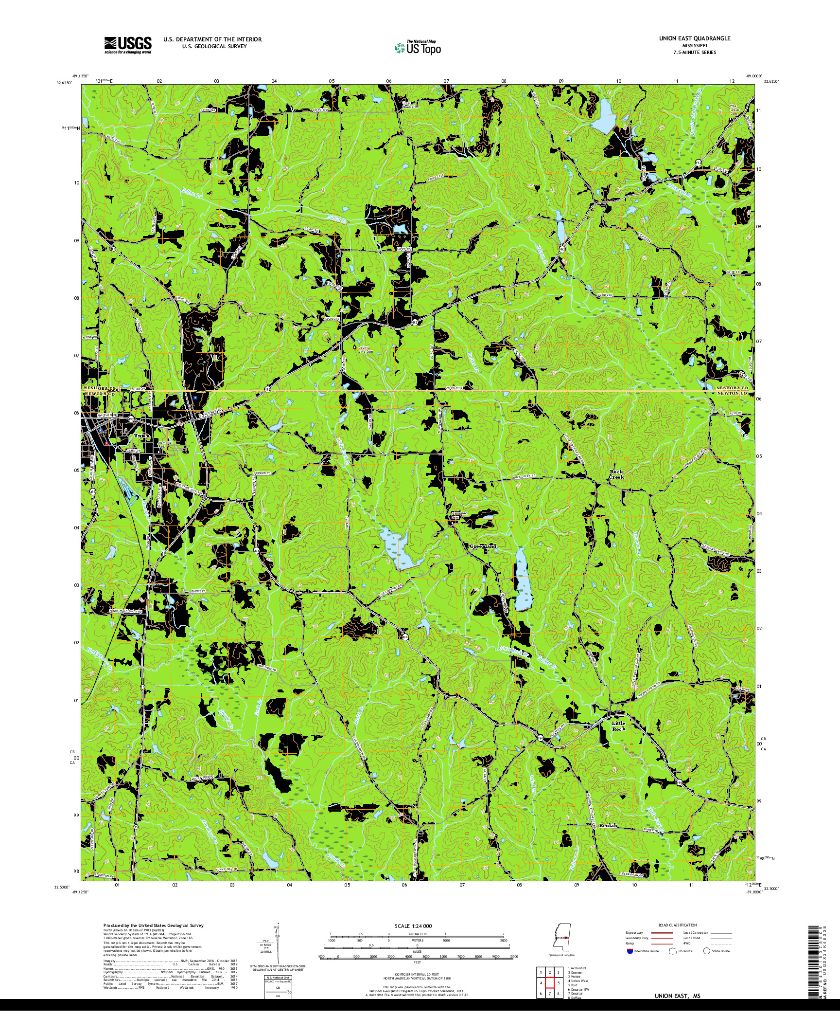 USGS US TOPO 7.5-MINUTE MAP FOR UNION EAST, MS 2018