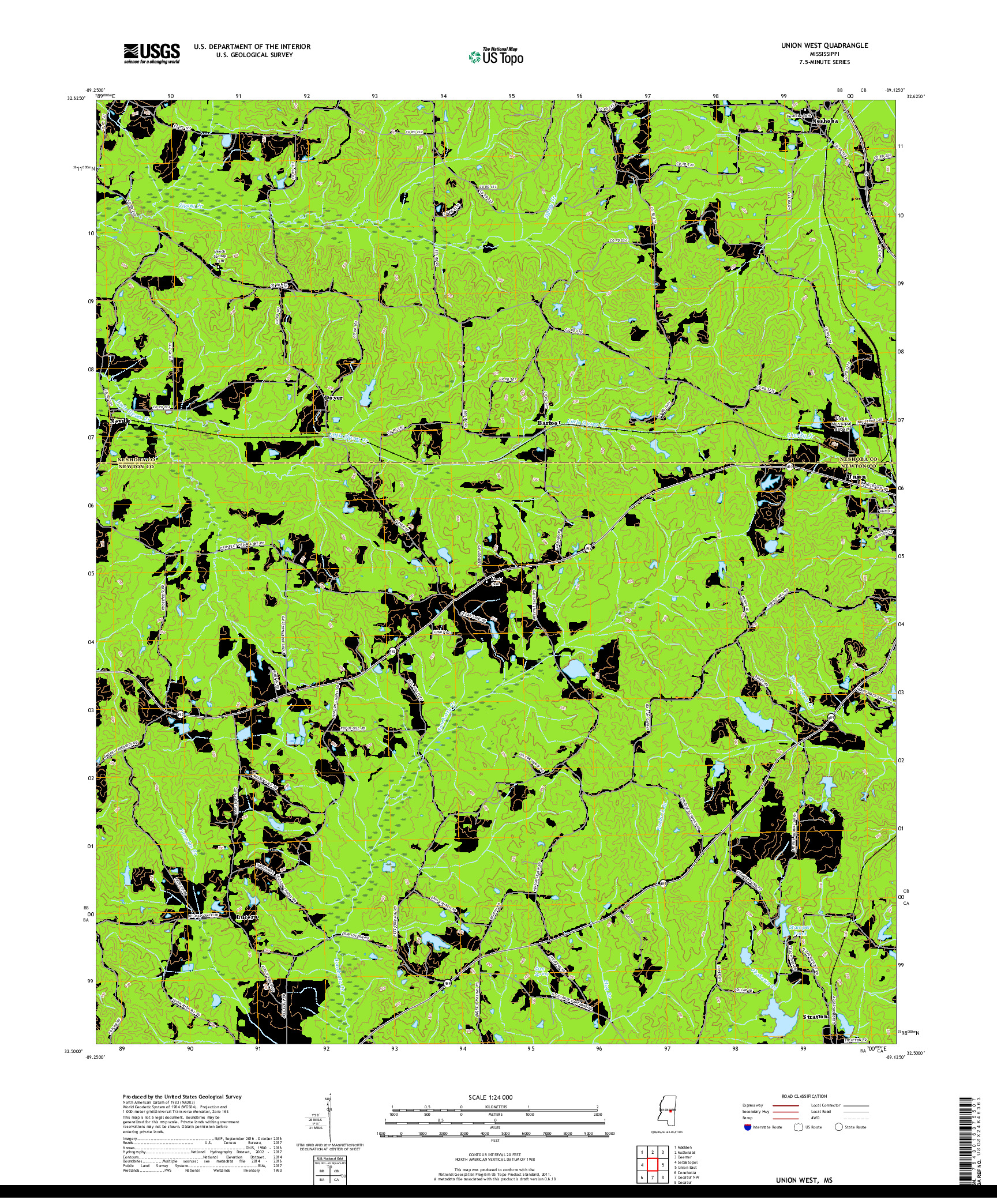 USGS US TOPO 7.5-MINUTE MAP FOR UNION WEST, MS 2018