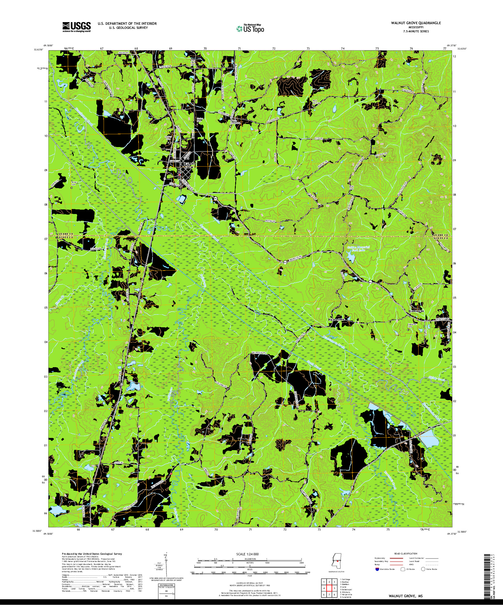 USGS US TOPO 7.5-MINUTE MAP FOR WALNUT GROVE, MS 2018