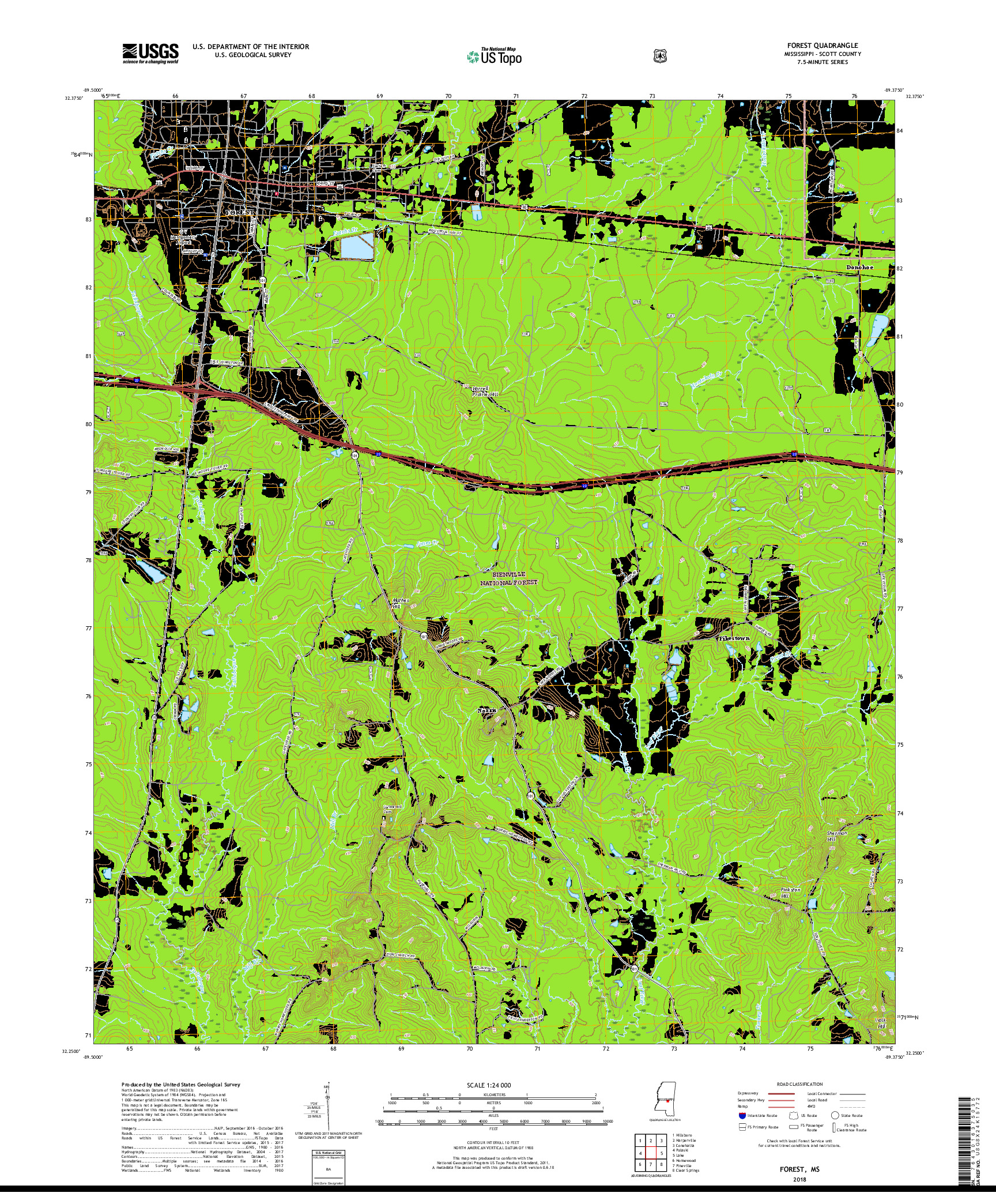 USGS US TOPO 7.5-MINUTE MAP FOR FOREST, MS 2018