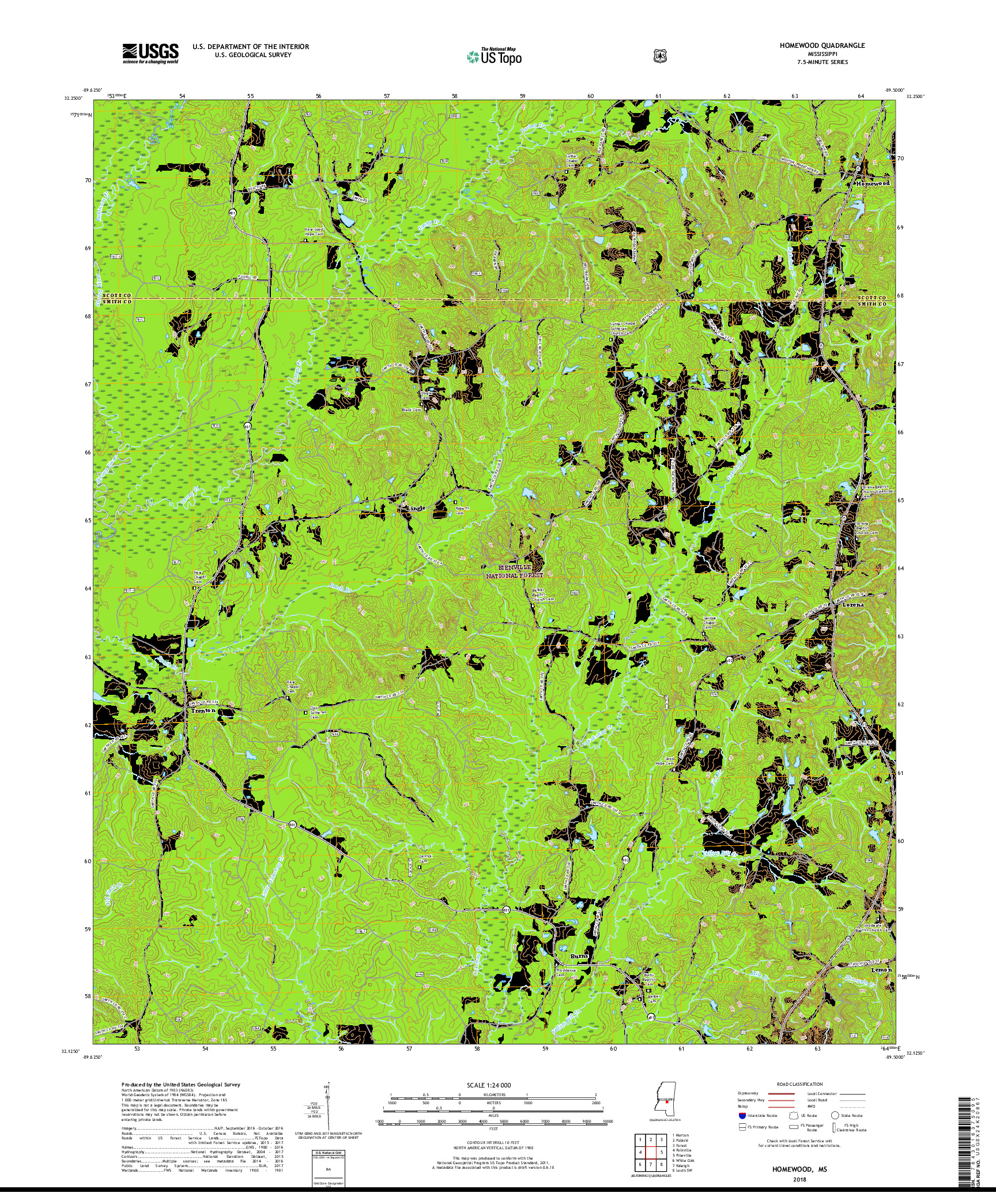 USGS US TOPO 7.5-MINUTE MAP FOR HOMEWOOD, MS 2018