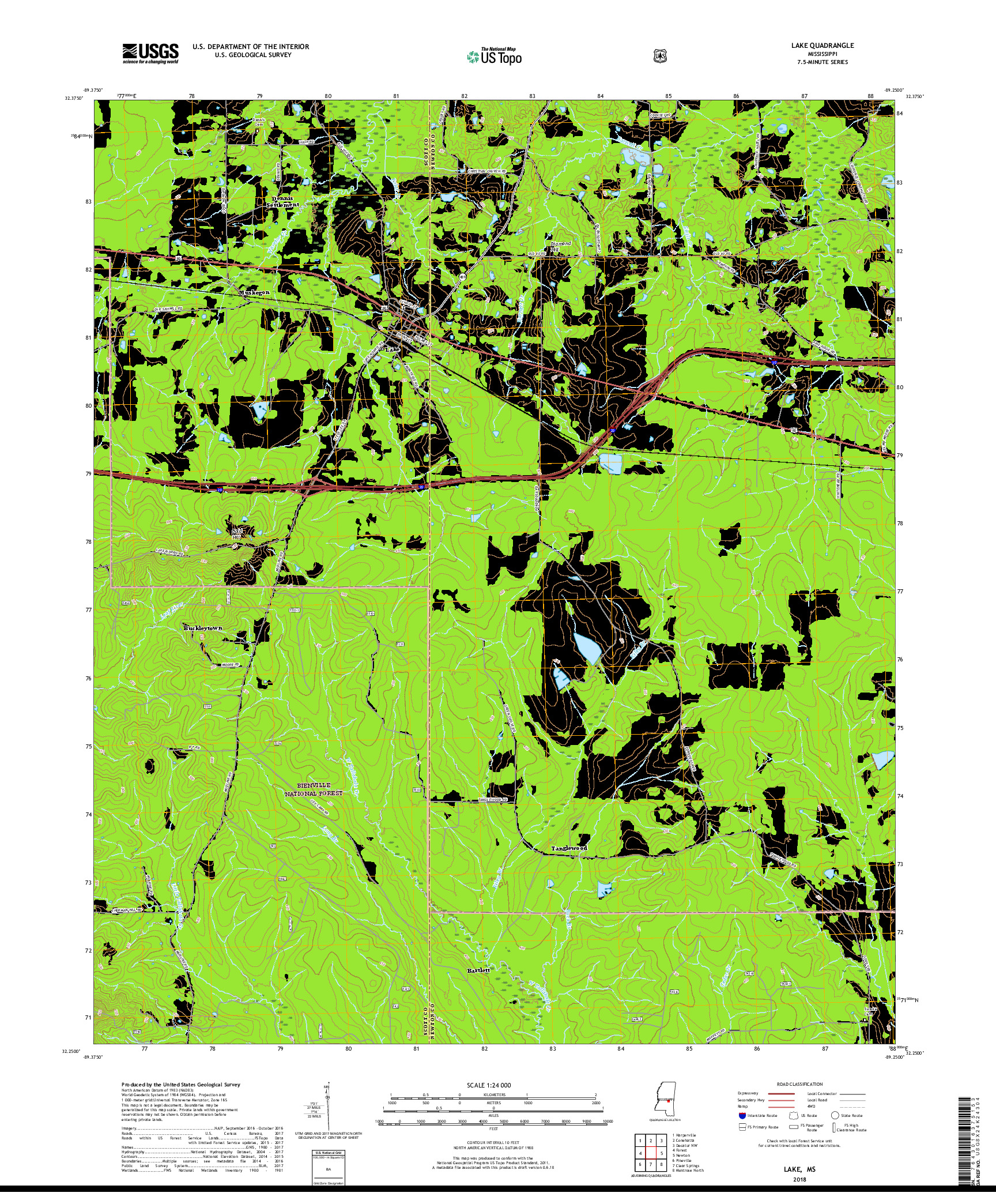 USGS US TOPO 7.5-MINUTE MAP FOR LAKE, MS 2018