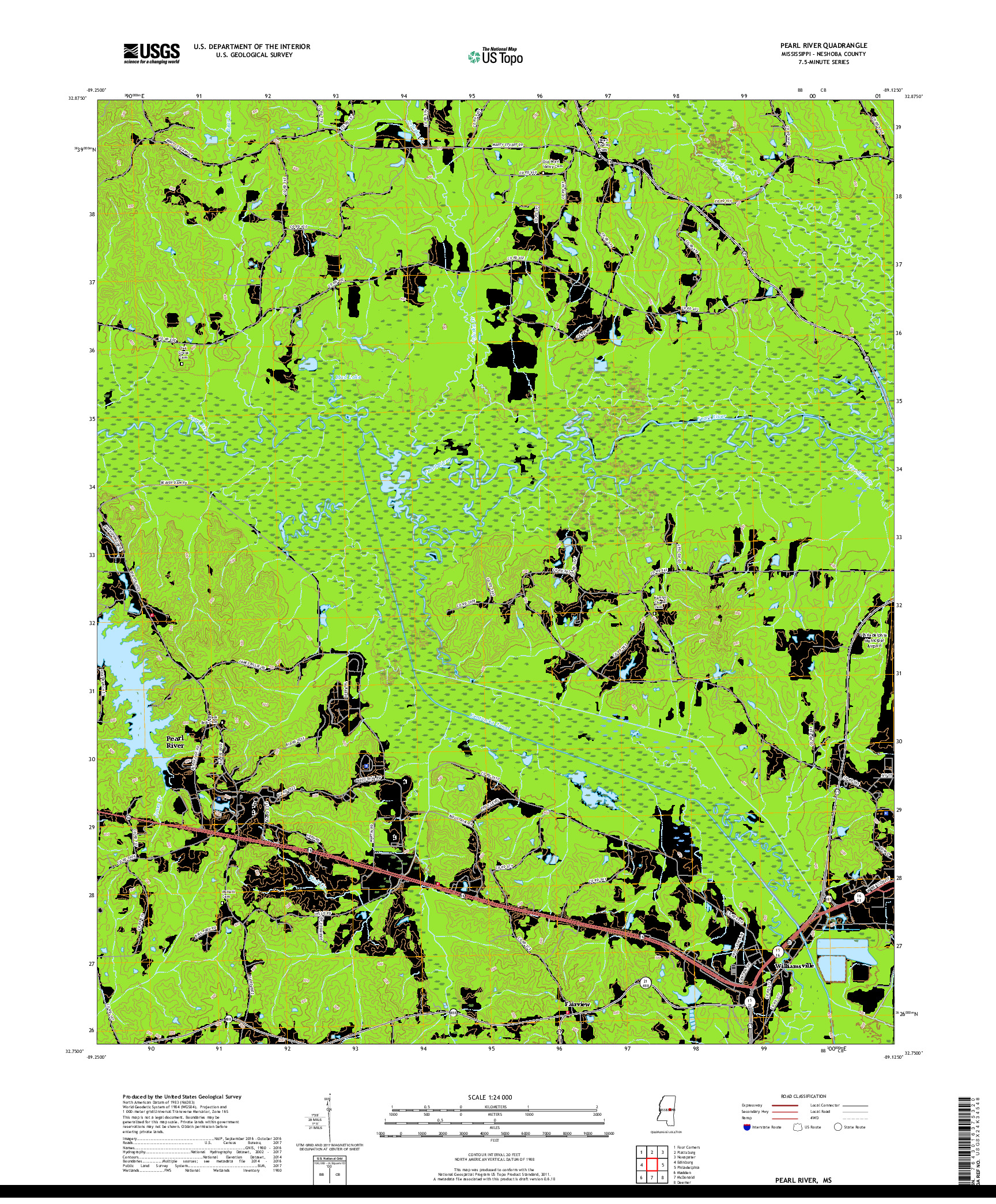 USGS US TOPO 7.5-MINUTE MAP FOR PEARL RIVER, MS 2018