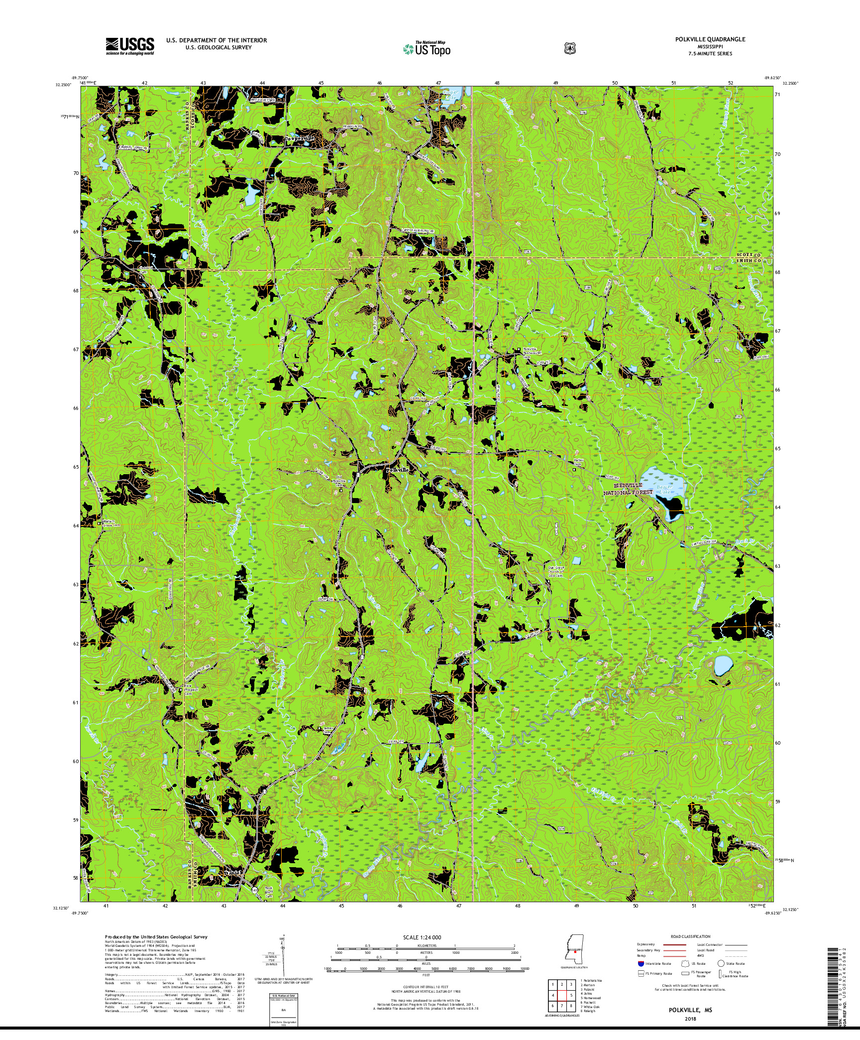 USGS US TOPO 7.5-MINUTE MAP FOR POLKVILLE, MS 2018