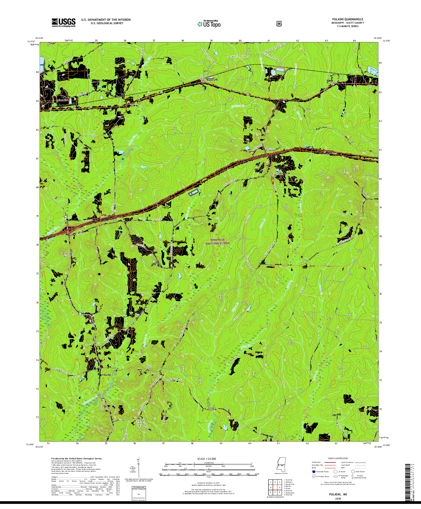 USGS US TOPO 7.5-MINUTE MAP FOR PULASKI, MS 2018