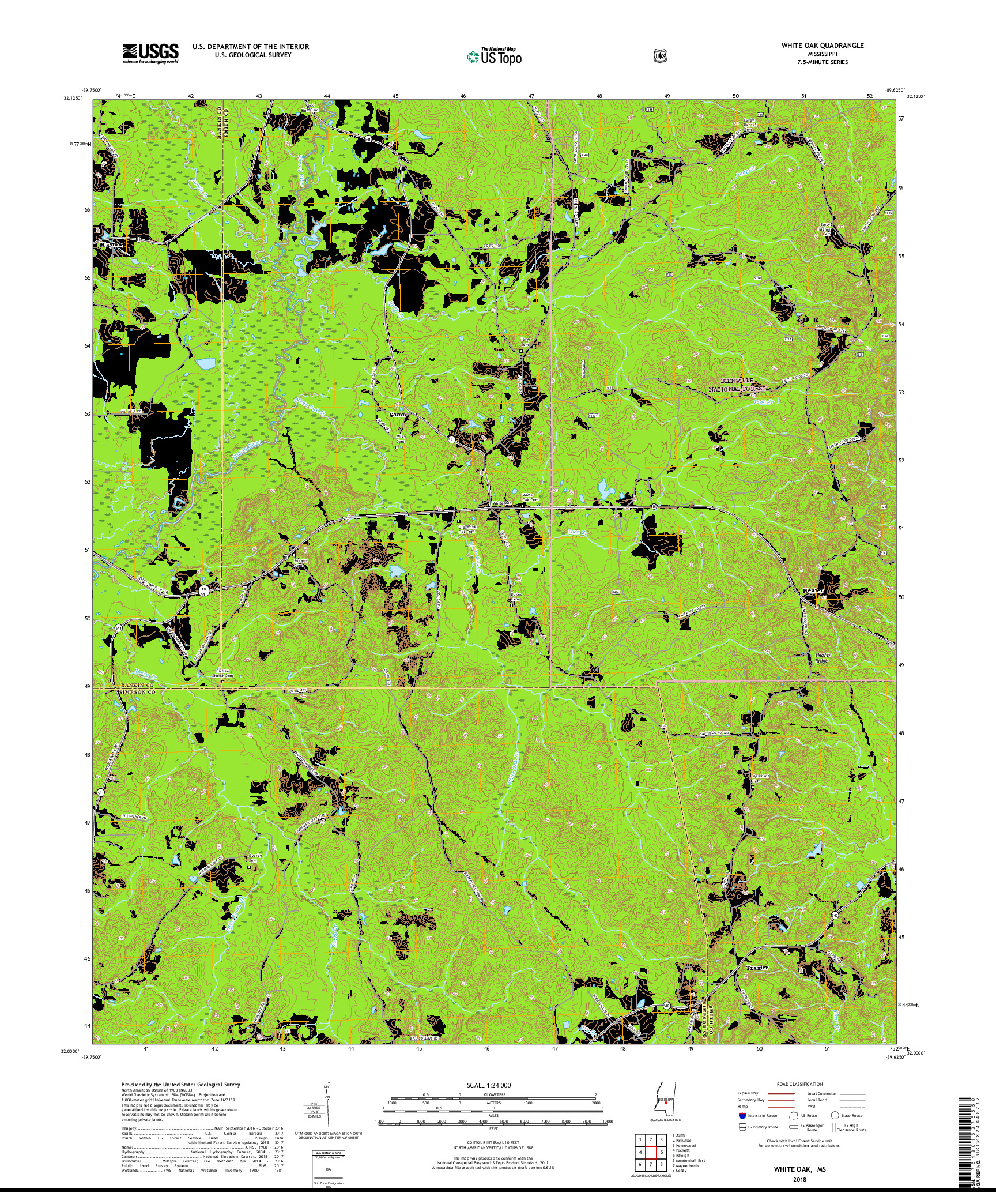 USGS US TOPO 7.5-MINUTE MAP FOR WHITE OAK, MS 2018