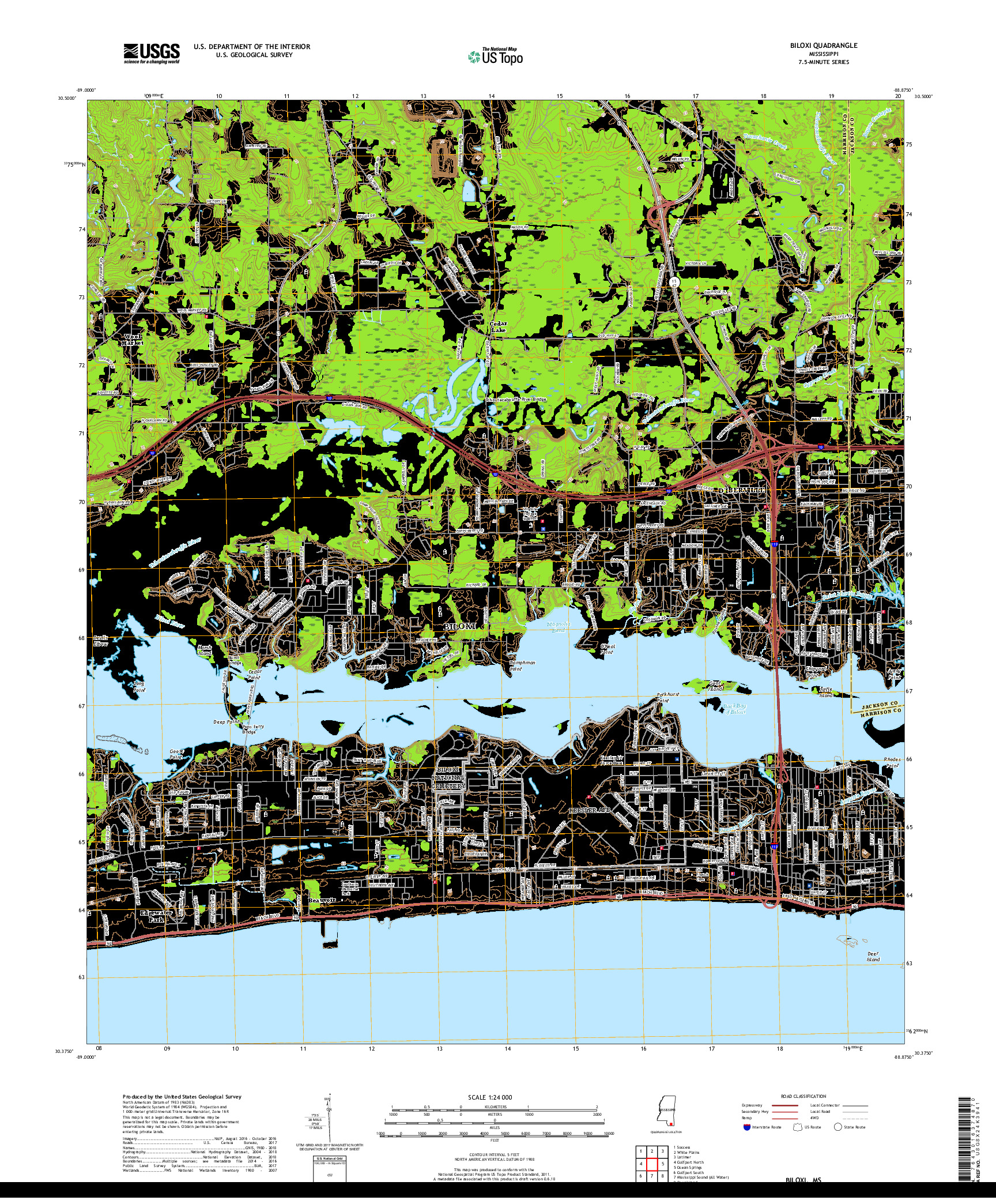 USGS US TOPO 7.5-MINUTE MAP FOR BILOXI, MS 2018