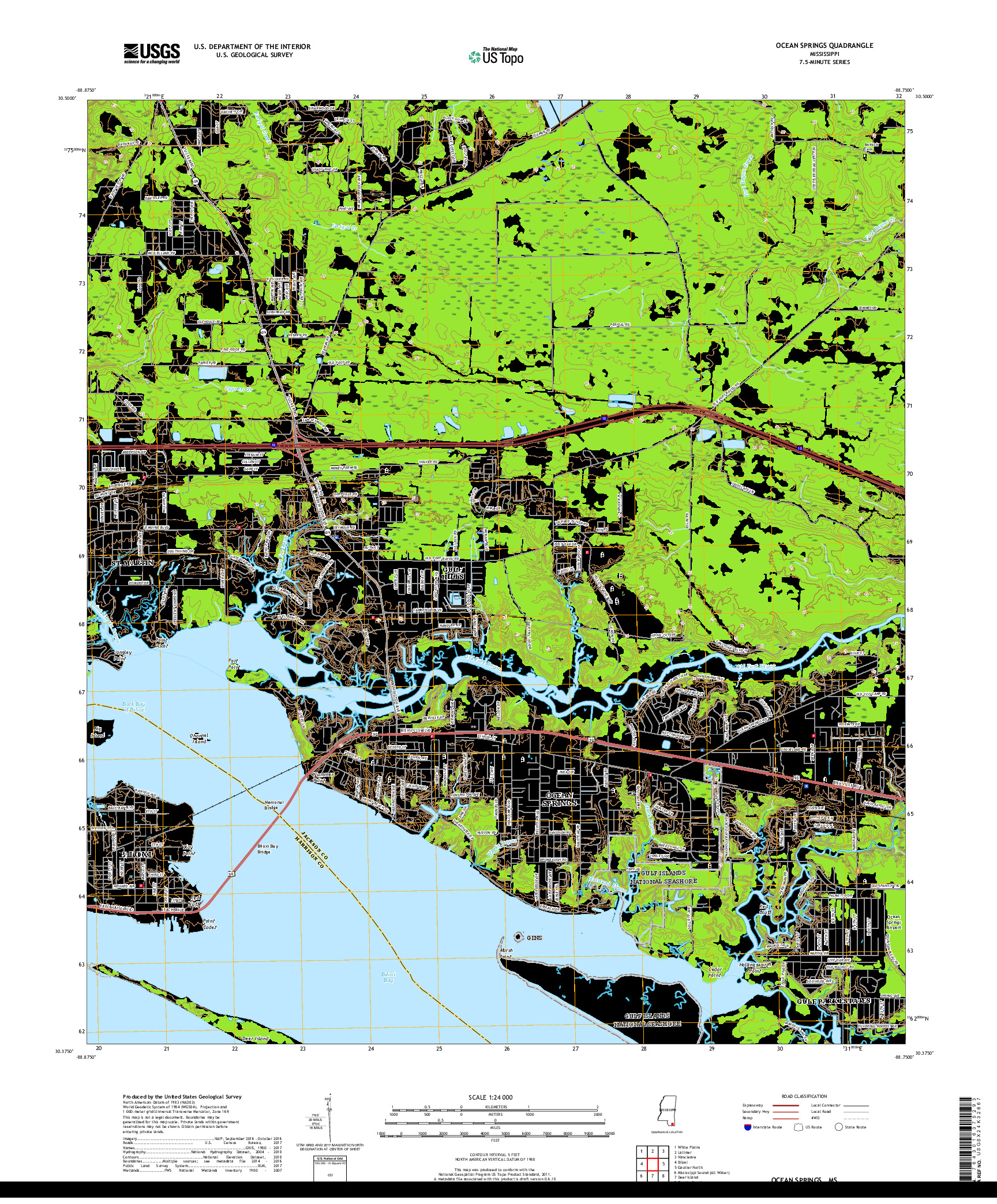 USGS US TOPO 7.5-MINUTE MAP FOR OCEAN SPRINGS, MS 2018