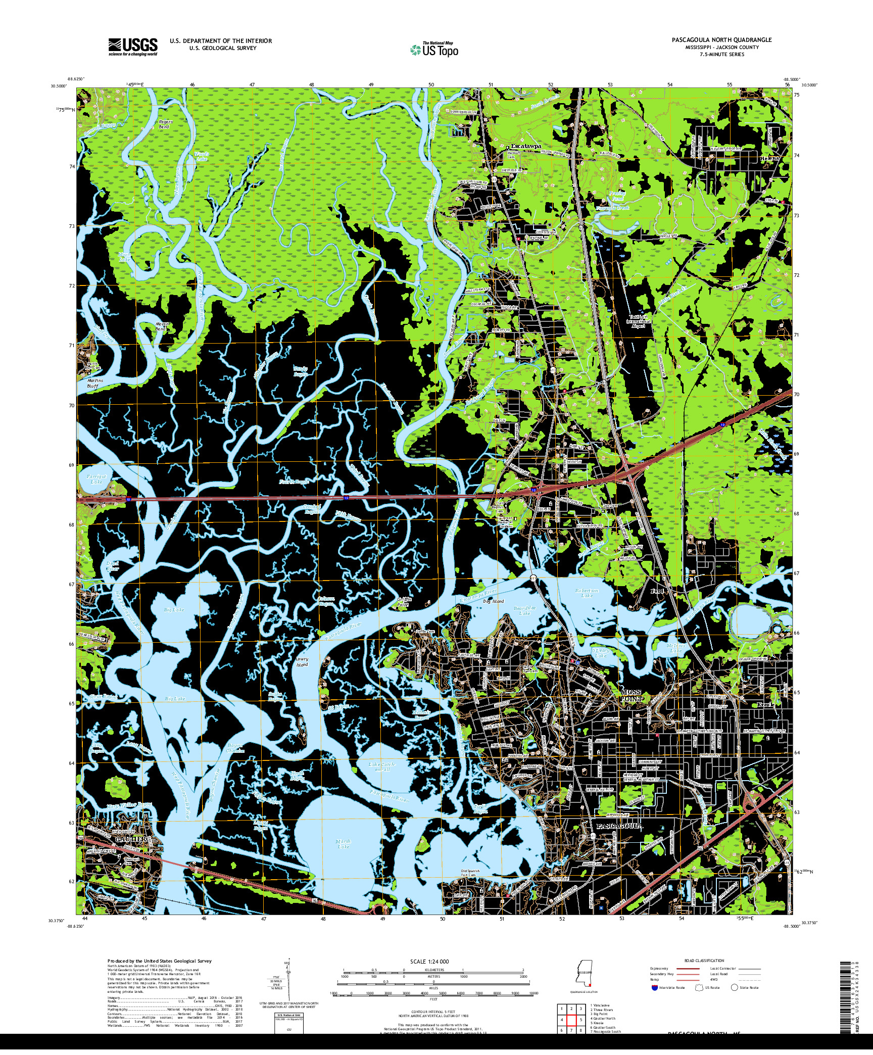 USGS US TOPO 7.5-MINUTE MAP FOR PASCAGOULA NORTH, MS 2018