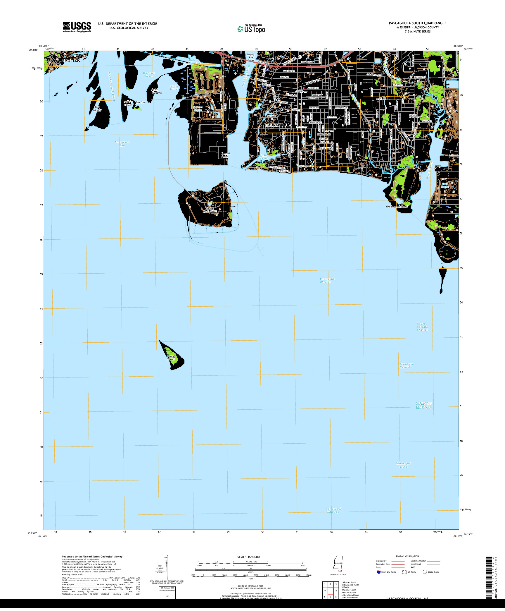 USGS US TOPO 7.5-MINUTE MAP FOR PASCAGOULA SOUTH, MS 2018