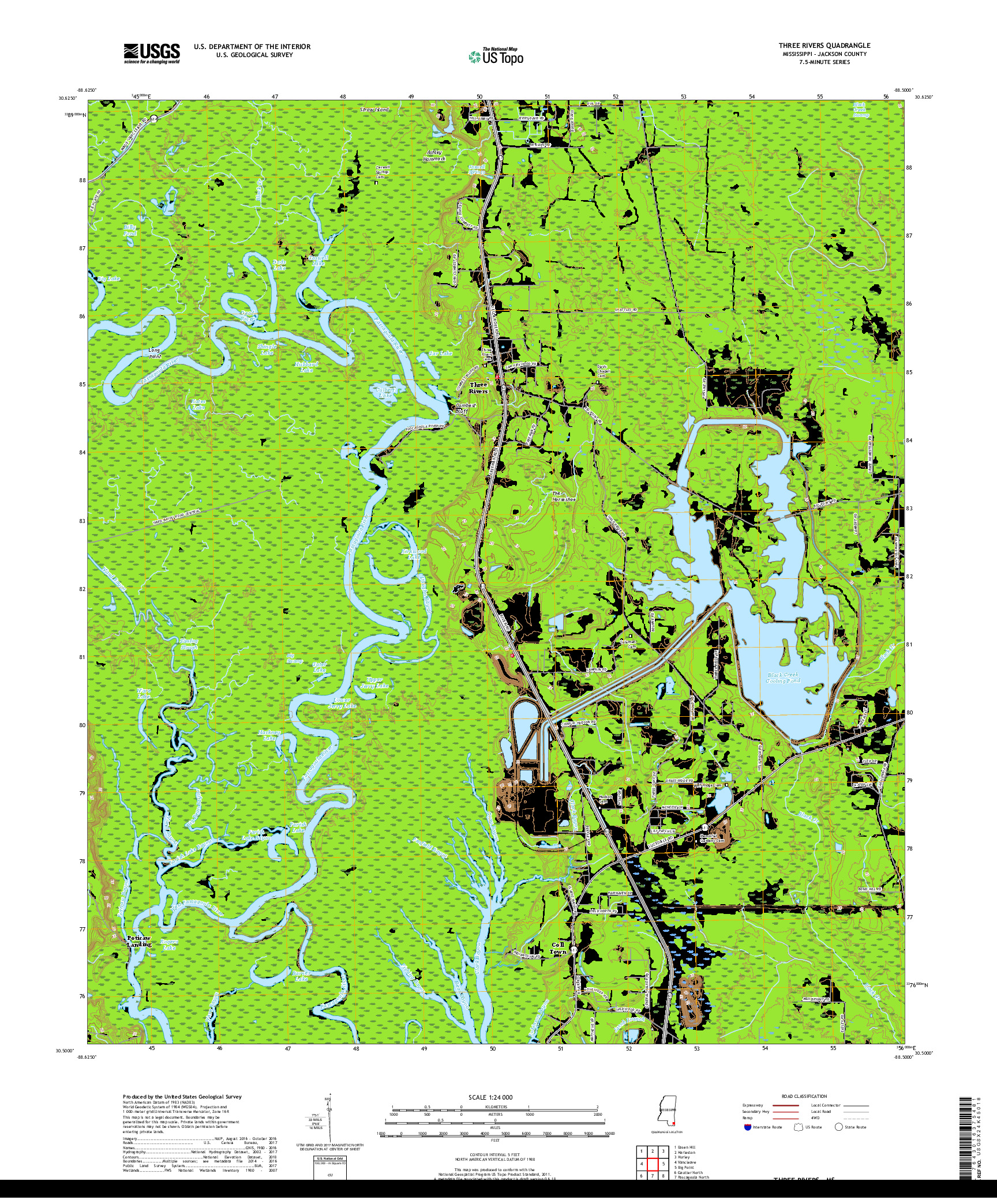 USGS US TOPO 7.5-MINUTE MAP FOR THREE RIVERS, MS 2018