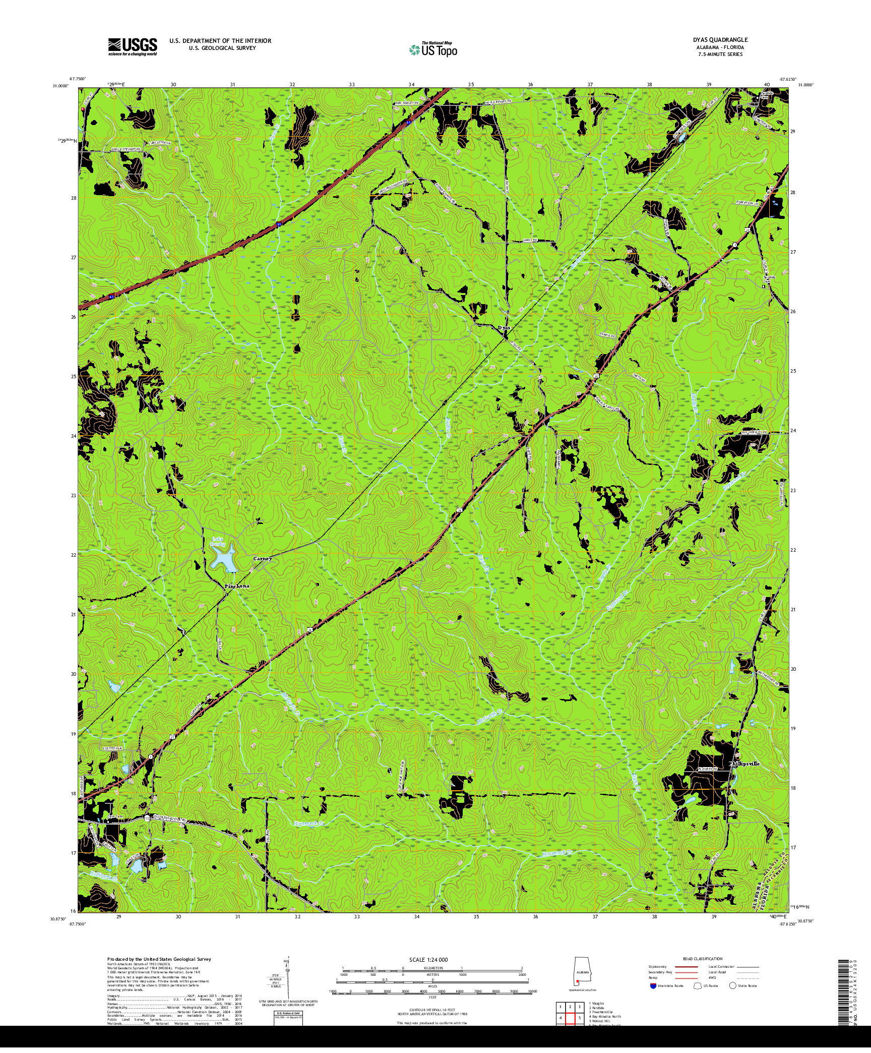 USGS US TOPO 7.5-MINUTE MAP FOR DYAS, AL,FL 2018