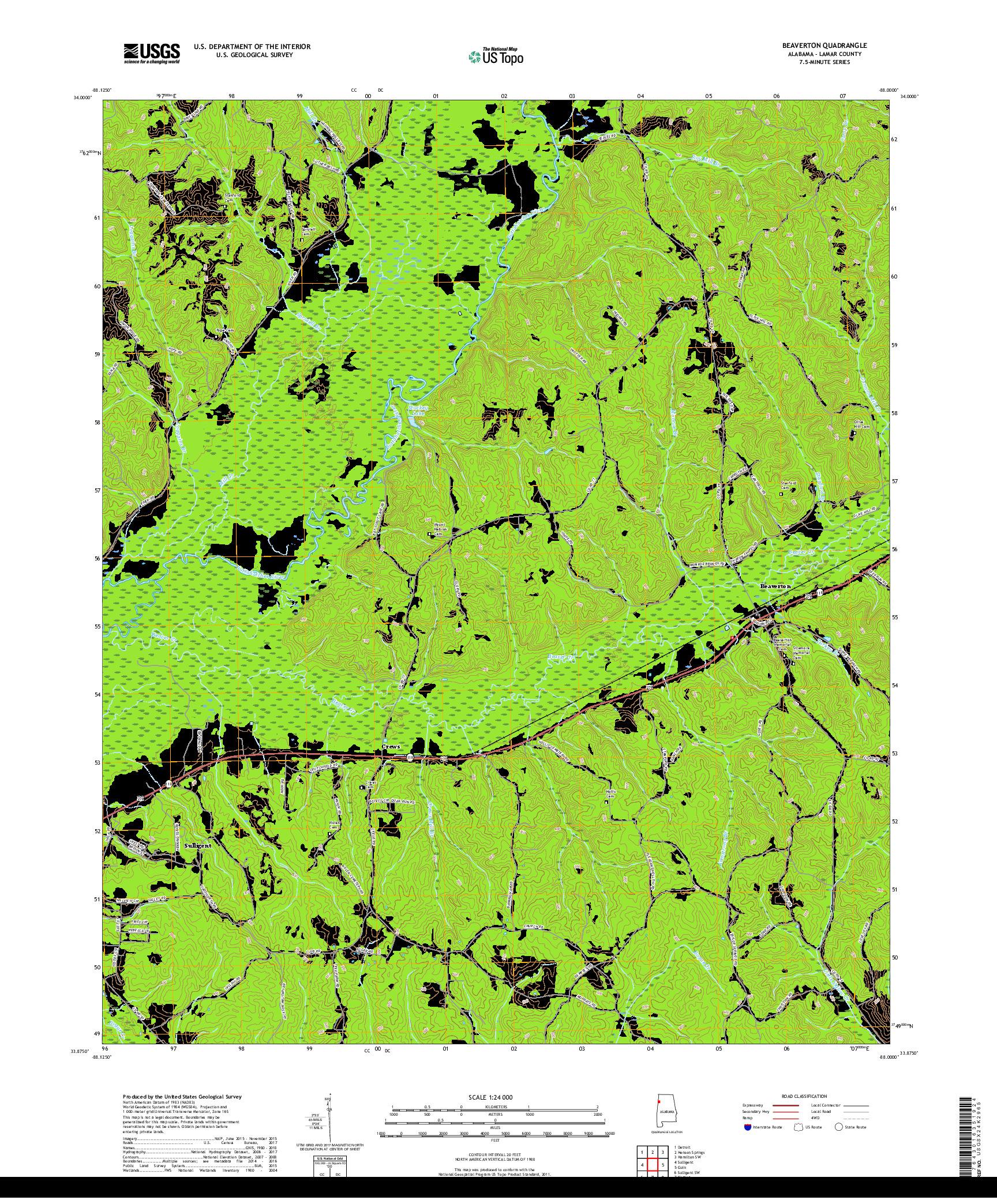 USGS US TOPO 7.5-MINUTE MAP FOR BEAVERTON, AL 2018