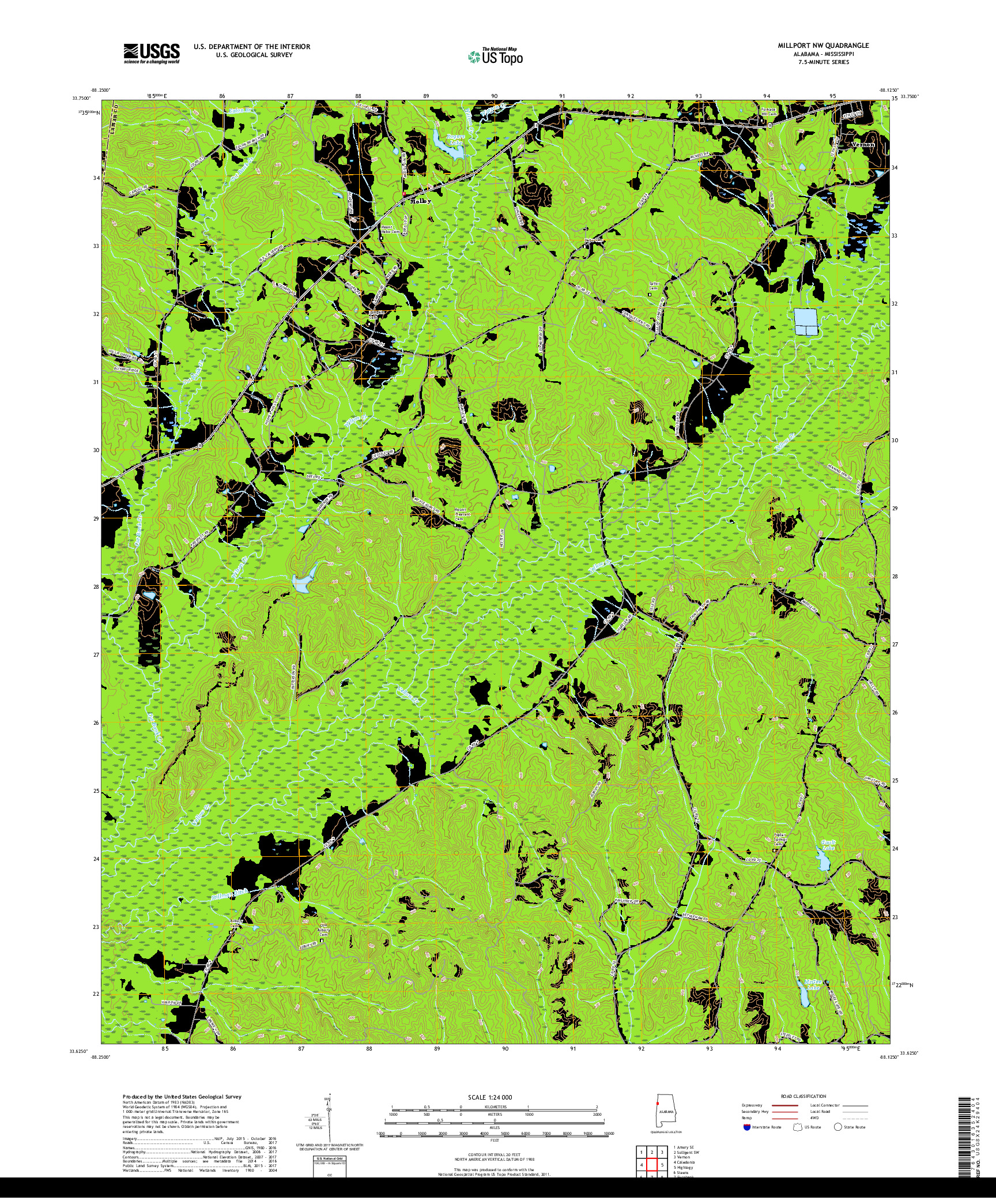 USGS US TOPO 7.5-MINUTE MAP FOR MILLPORT NW, AL,MS 2018