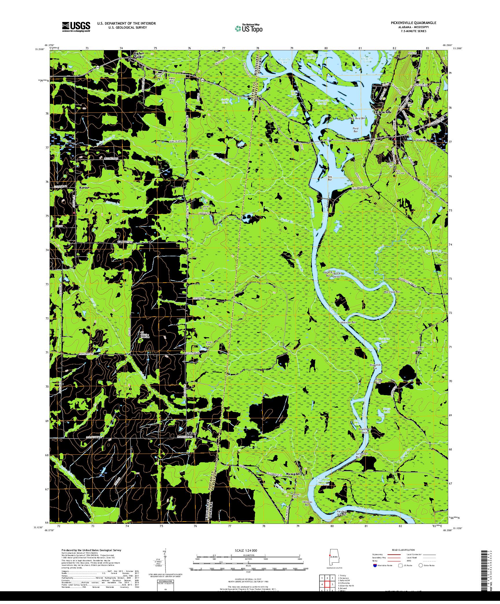 USGS US TOPO 7.5-MINUTE MAP FOR PICKENSVILLE, AL,MS 2018