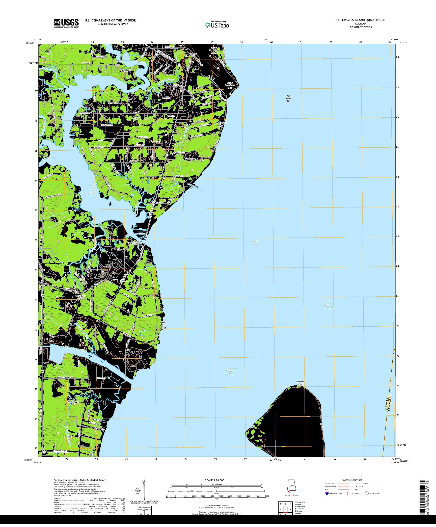 USGS US TOPO 7.5-MINUTE MAP FOR HOLLINGERS ISLAND, AL 2018