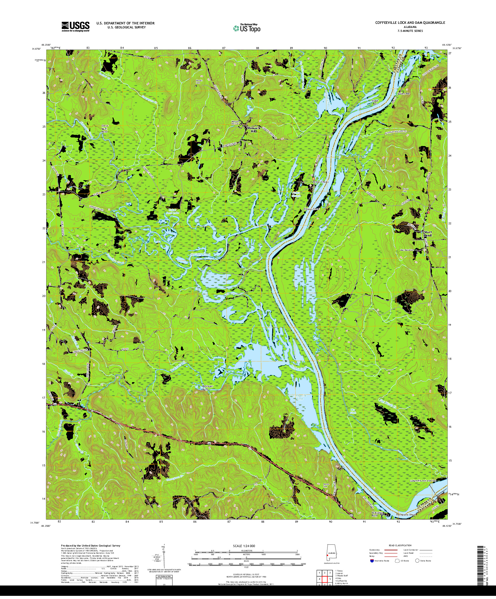 USGS US TOPO 7.5-MINUTE MAP FOR COFFEEVILLE LOCK AND DAM, AL 2018