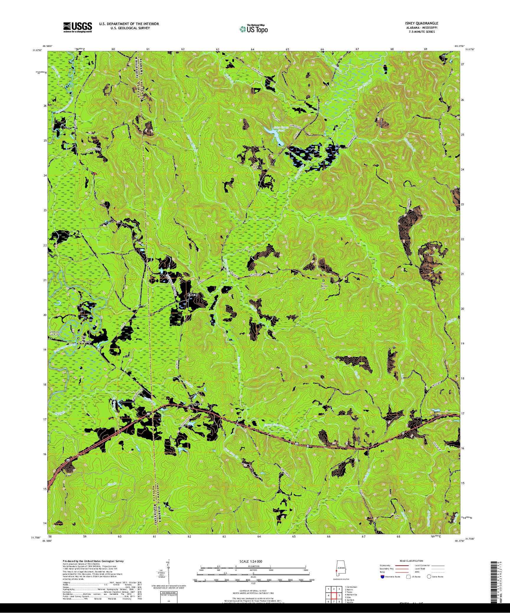 USGS US TOPO 7.5-MINUTE MAP FOR ISNEY, AL,MS 2018