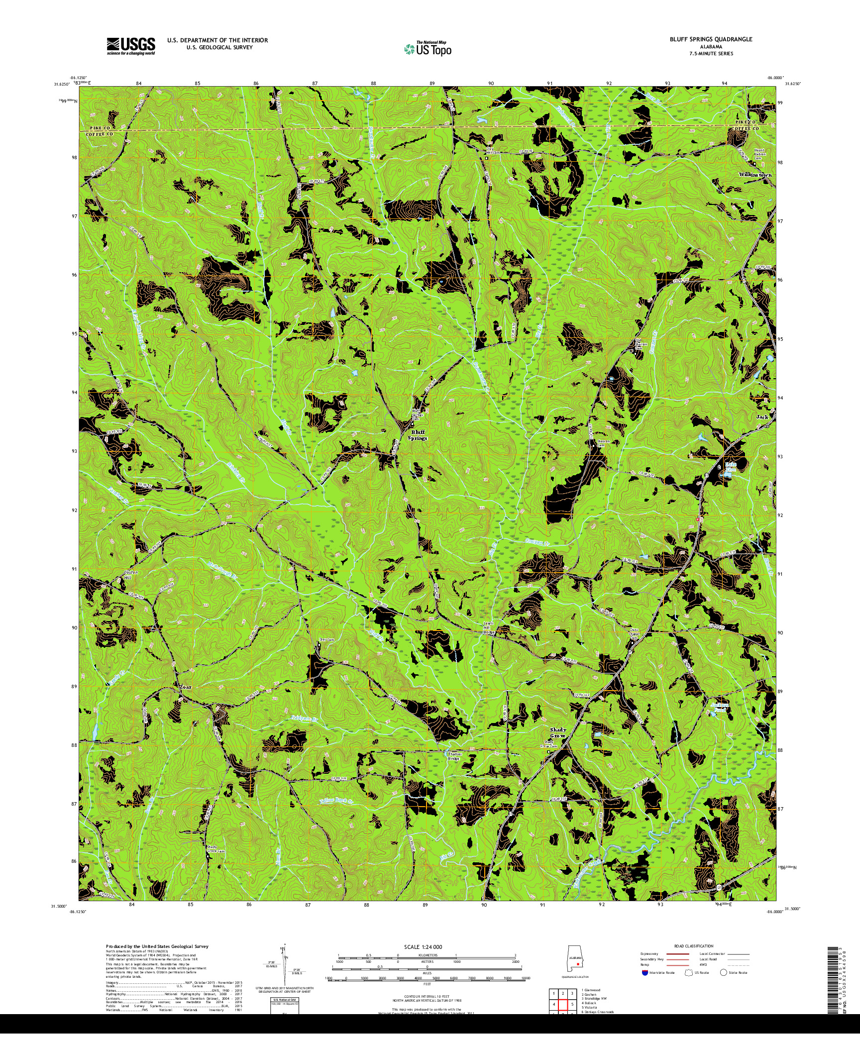 USGS US TOPO 7.5-MINUTE MAP FOR BLUFF SPRINGS, AL 2018