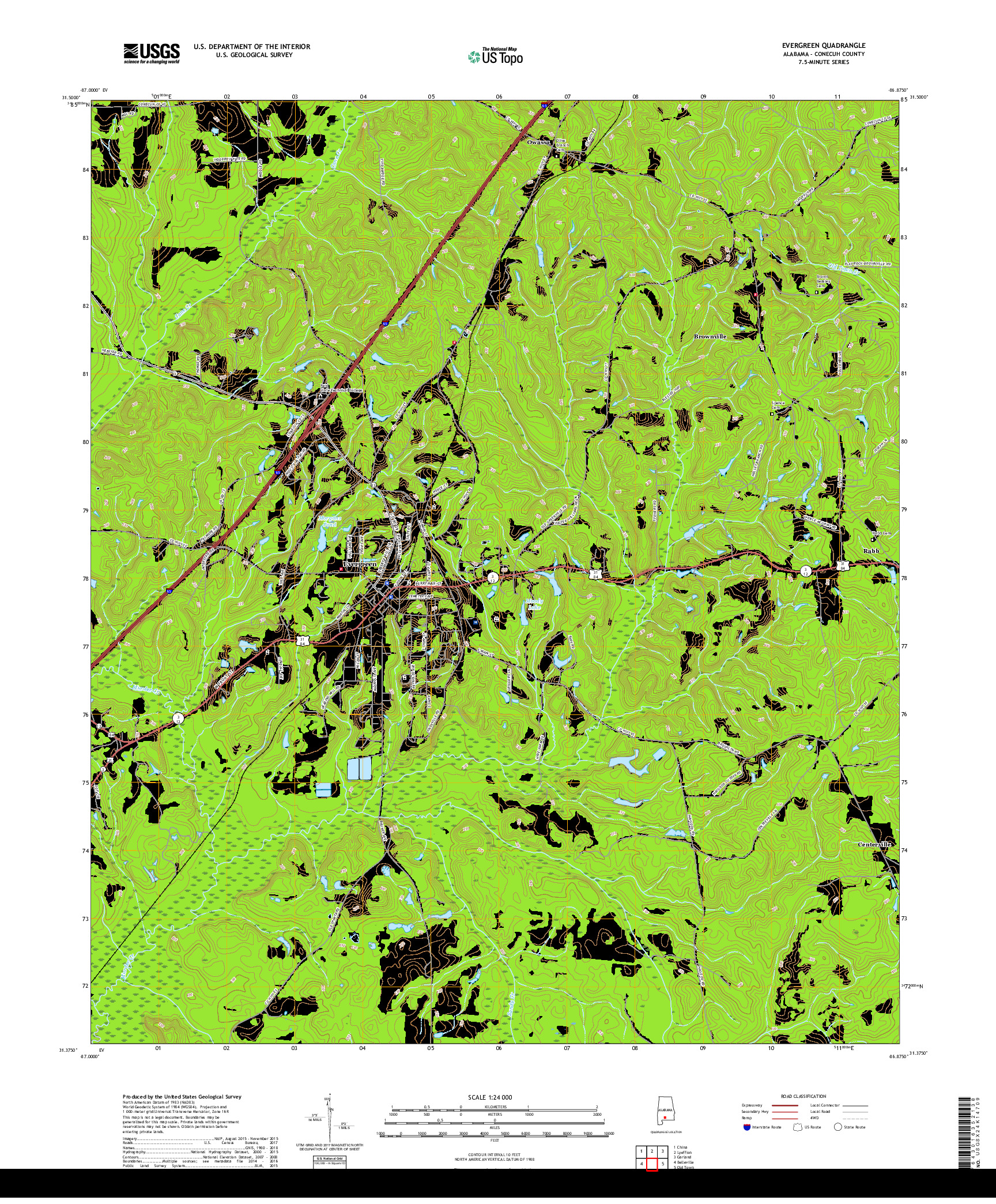 USGS US TOPO 7.5-MINUTE MAP FOR EVERGREEN, AL 2018