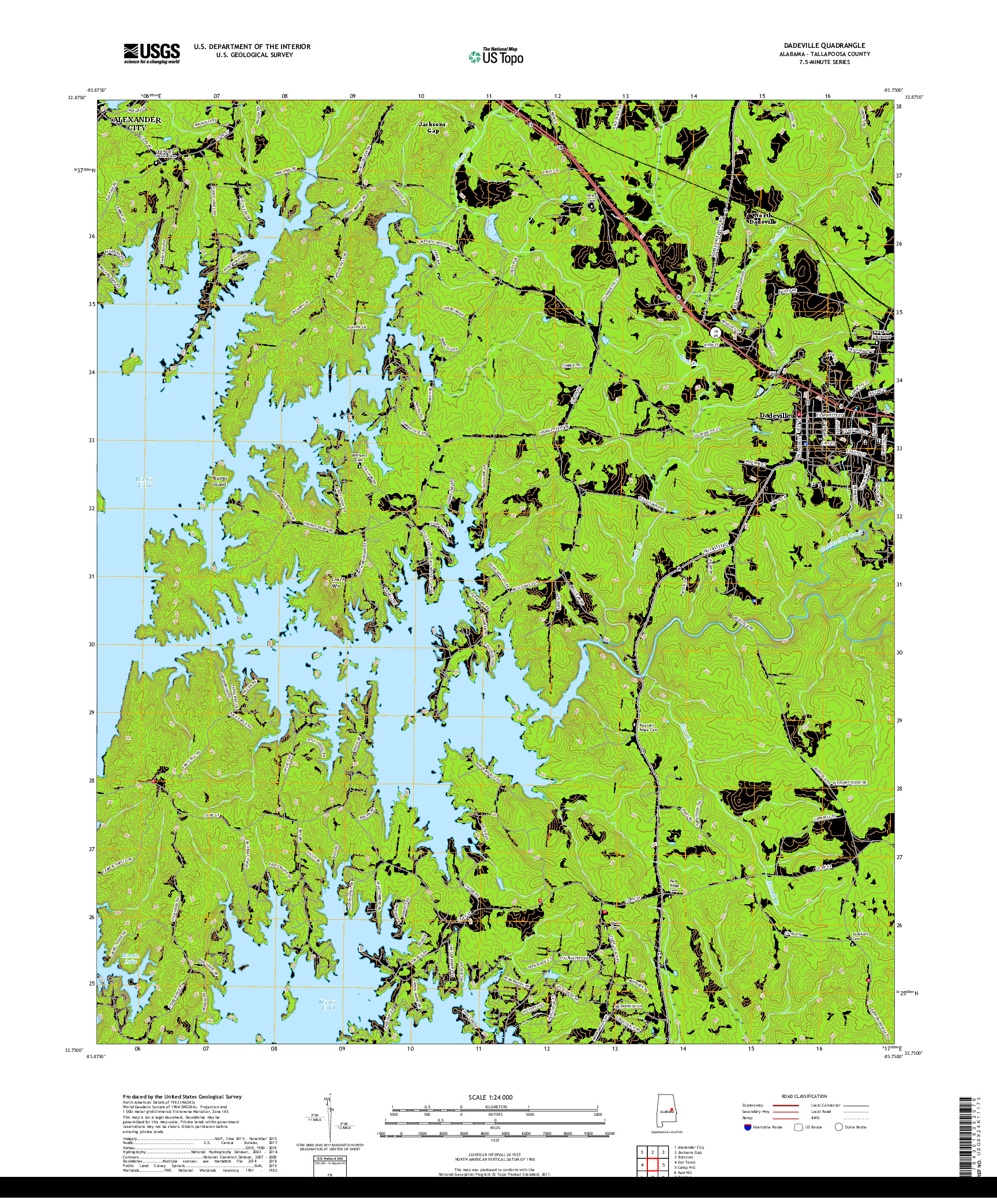 USGS US TOPO 7.5-MINUTE MAP FOR DADEVILLE, AL 2018