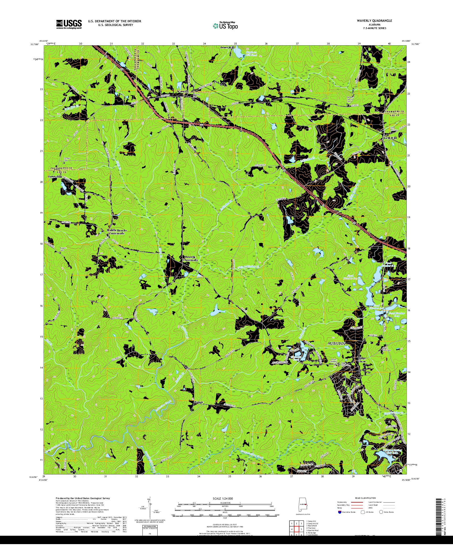 USGS US TOPO 7.5-MINUTE MAP FOR WAVERLY, AL 2018