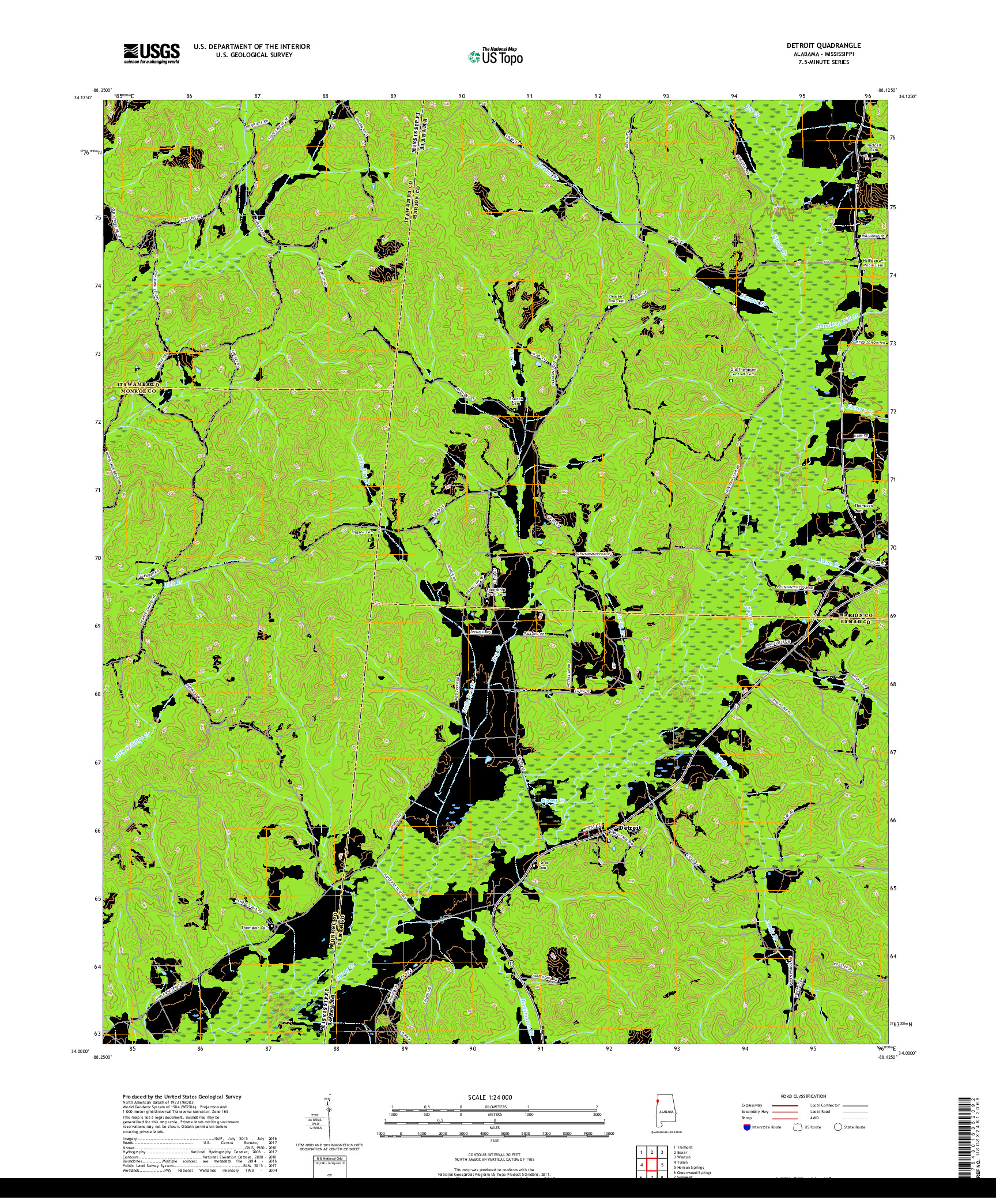 USGS US TOPO 7.5-MINUTE MAP FOR DETROIT, AL,MS 2018