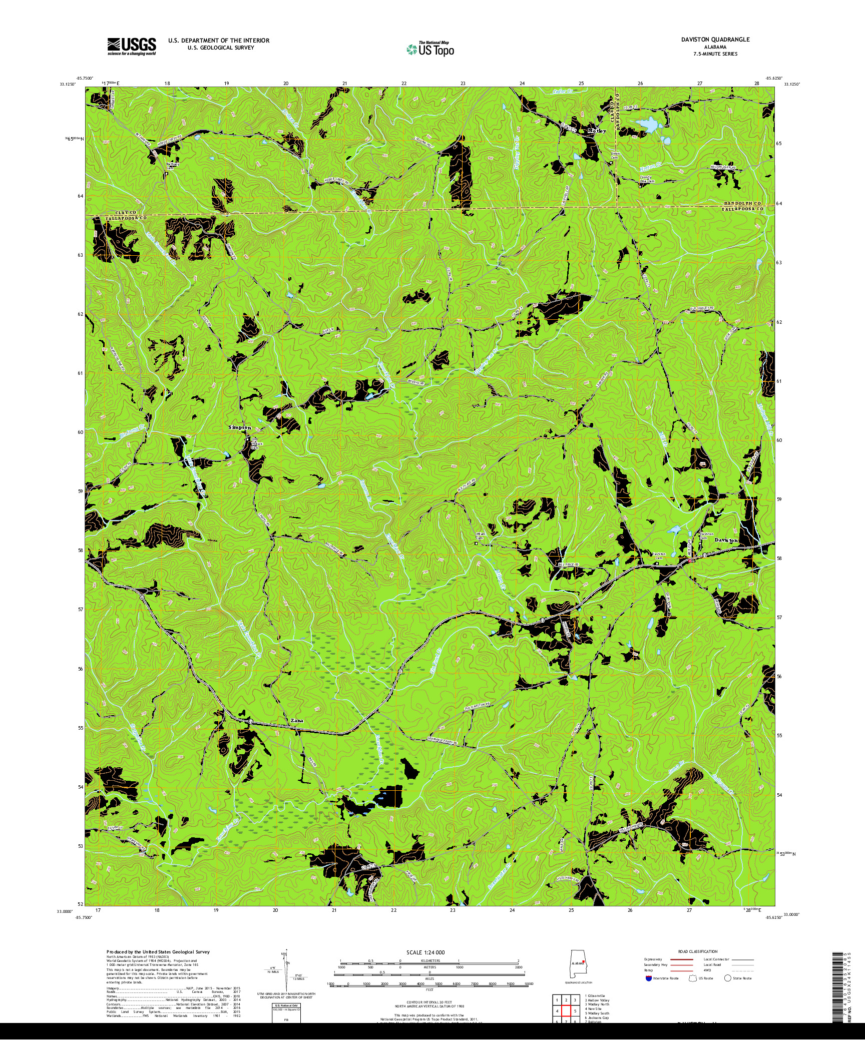 USGS US TOPO 7.5-MINUTE MAP FOR DAVISTON, AL 2018