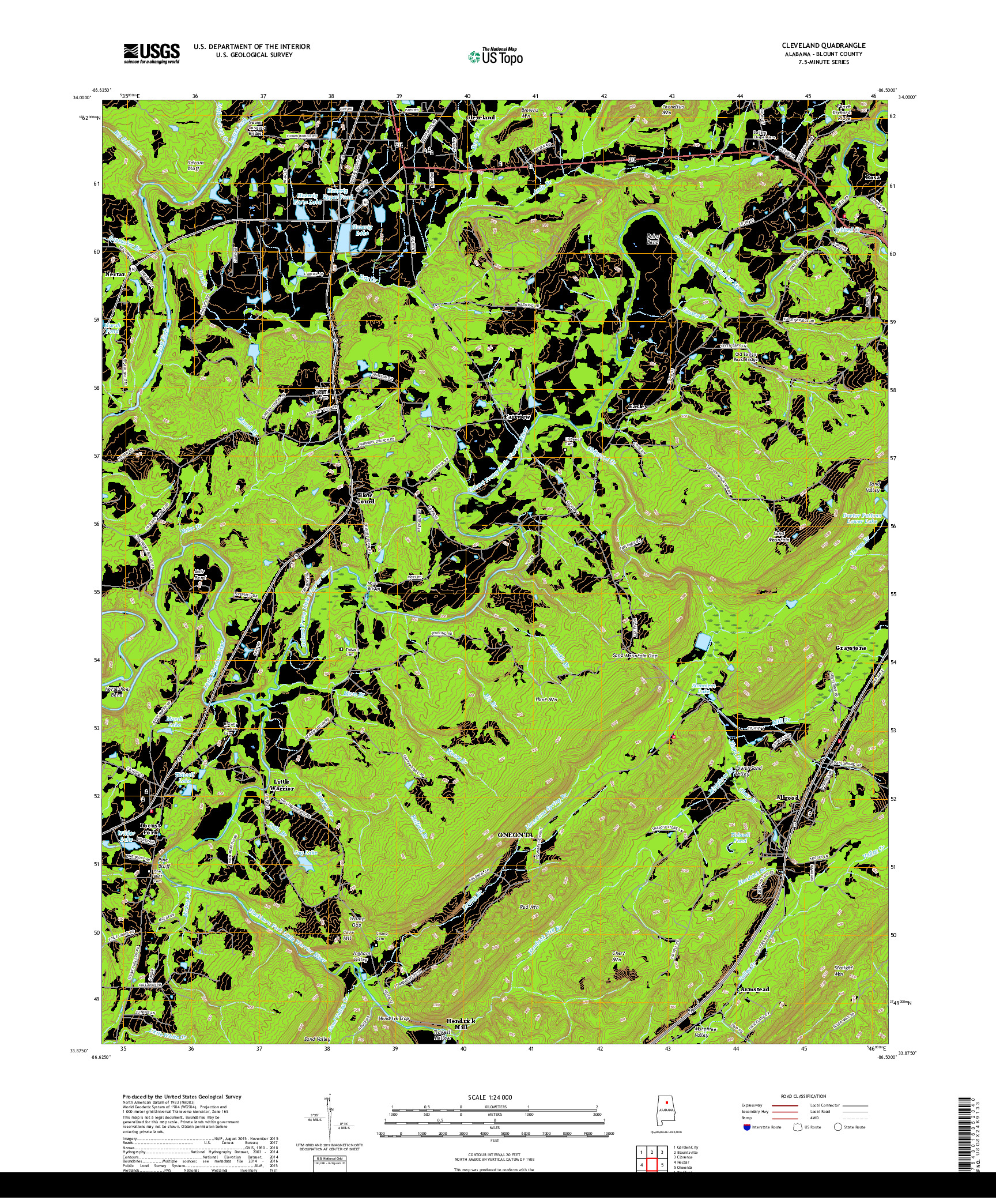 USGS US TOPO 7.5-MINUTE MAP FOR CLEVELAND, AL 2018