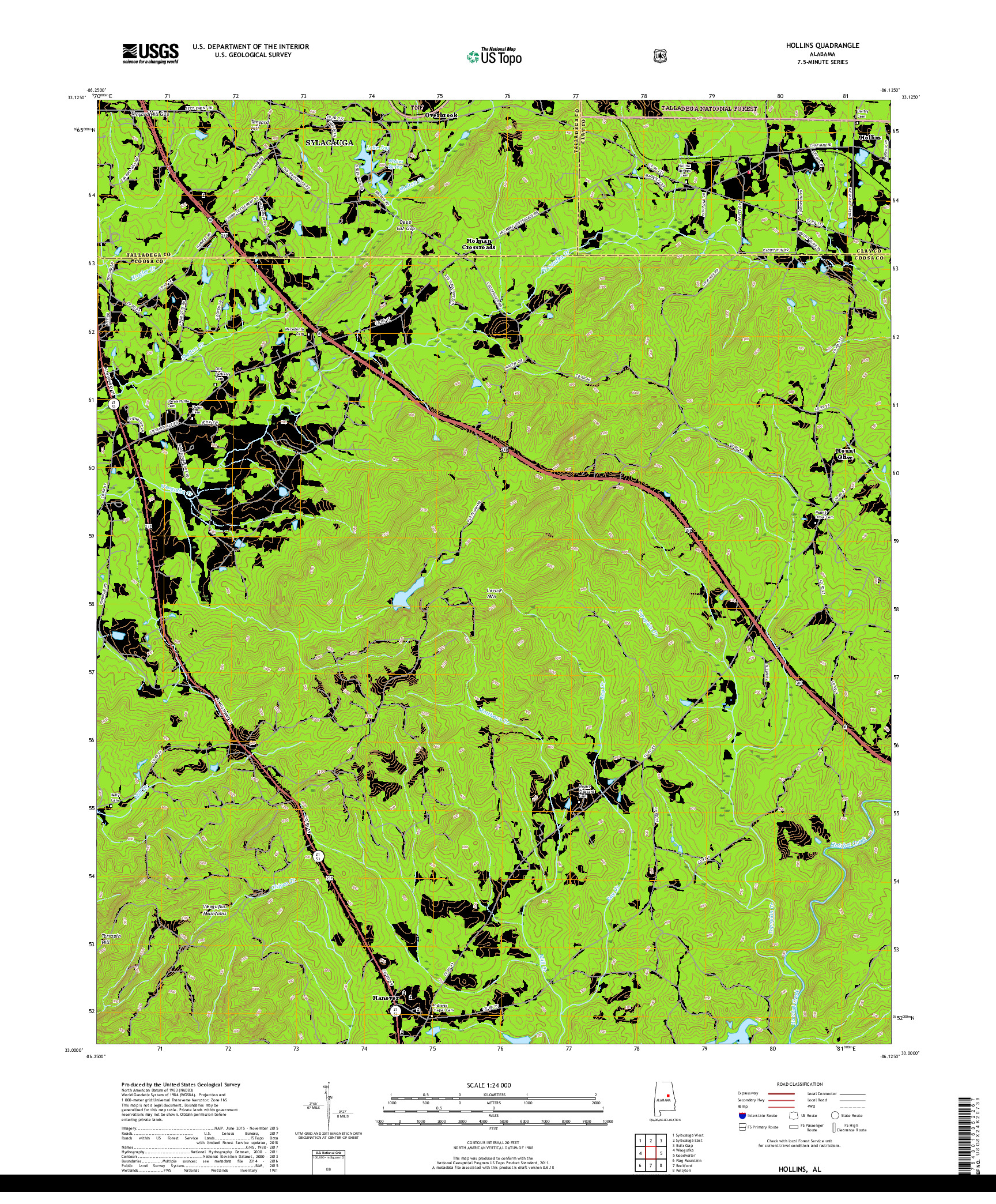 USGS US TOPO 7.5-MINUTE MAP FOR HOLLINS, AL 2018