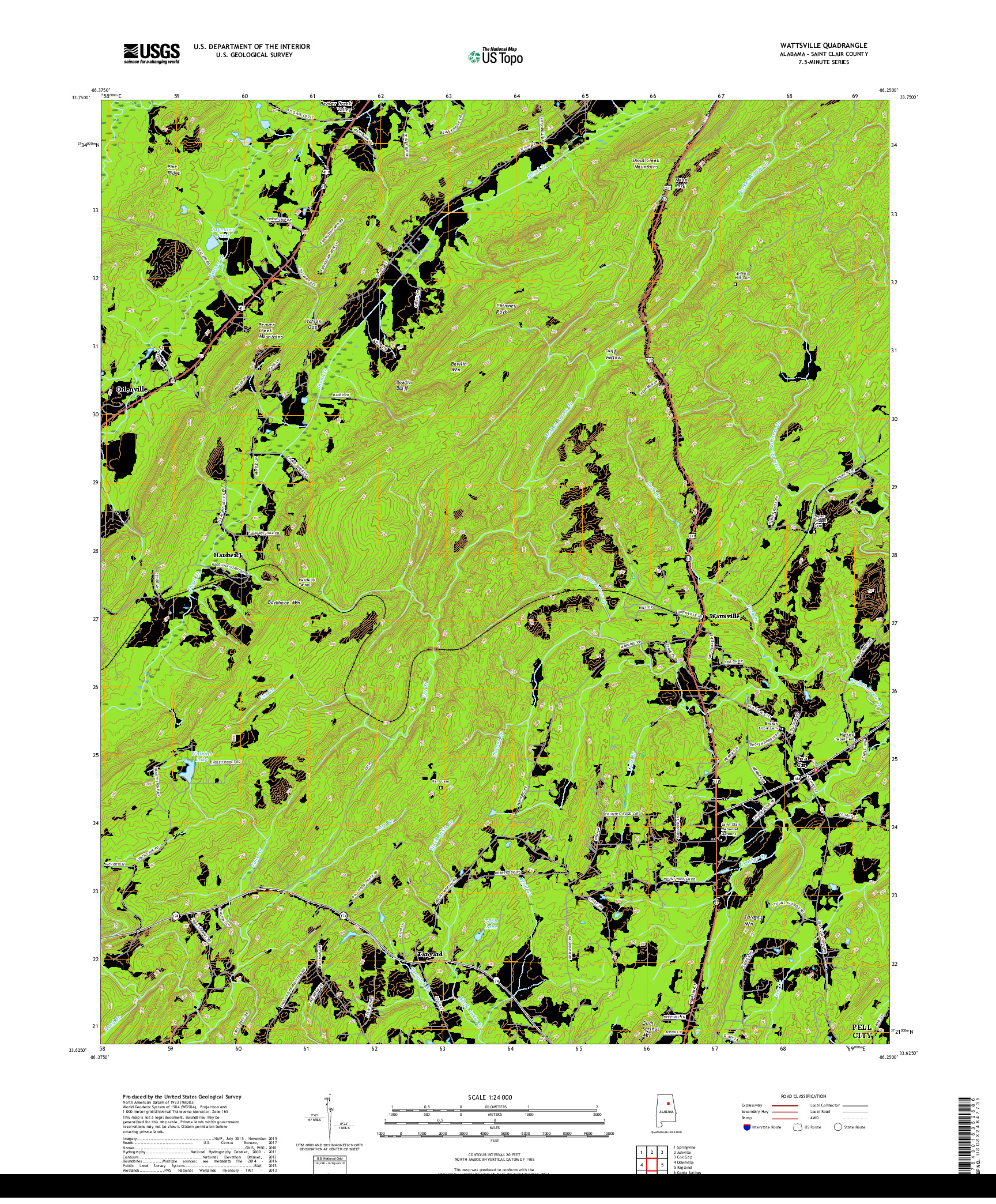 USGS US TOPO 7.5-MINUTE MAP FOR WATTSVILLE, AL 2018