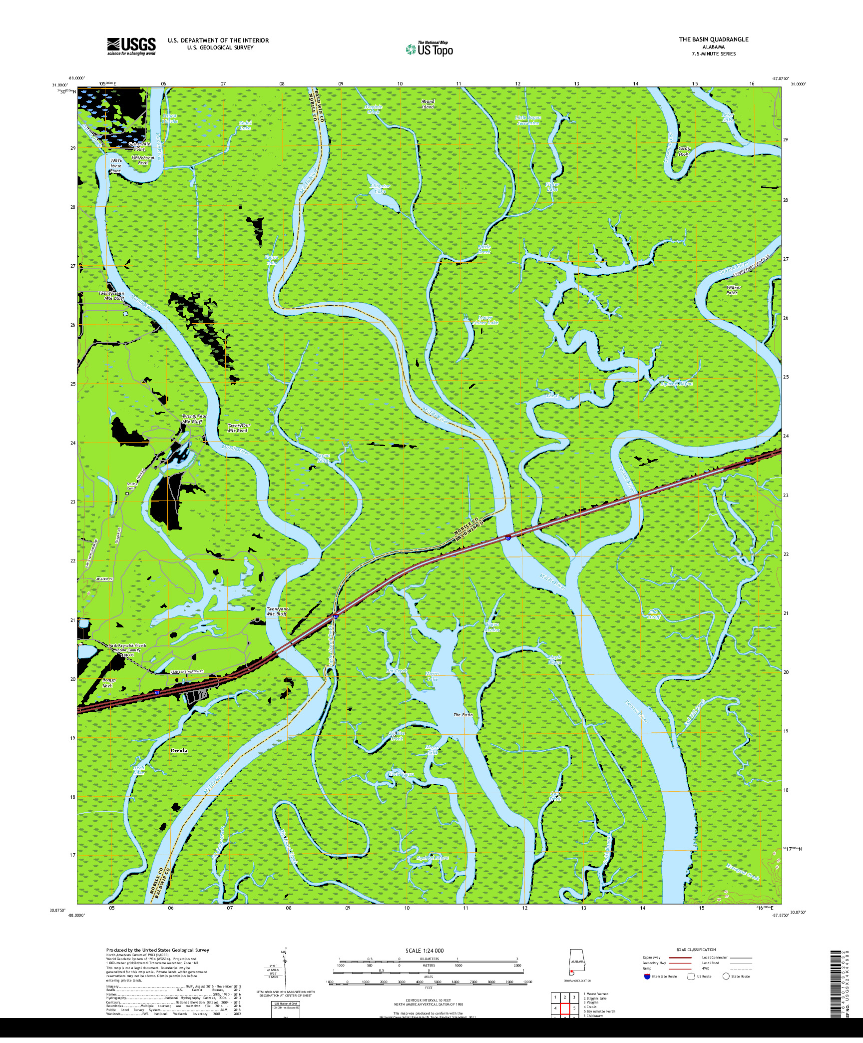 USGS US TOPO 7.5-MINUTE MAP FOR THE BASIN, AL 2018