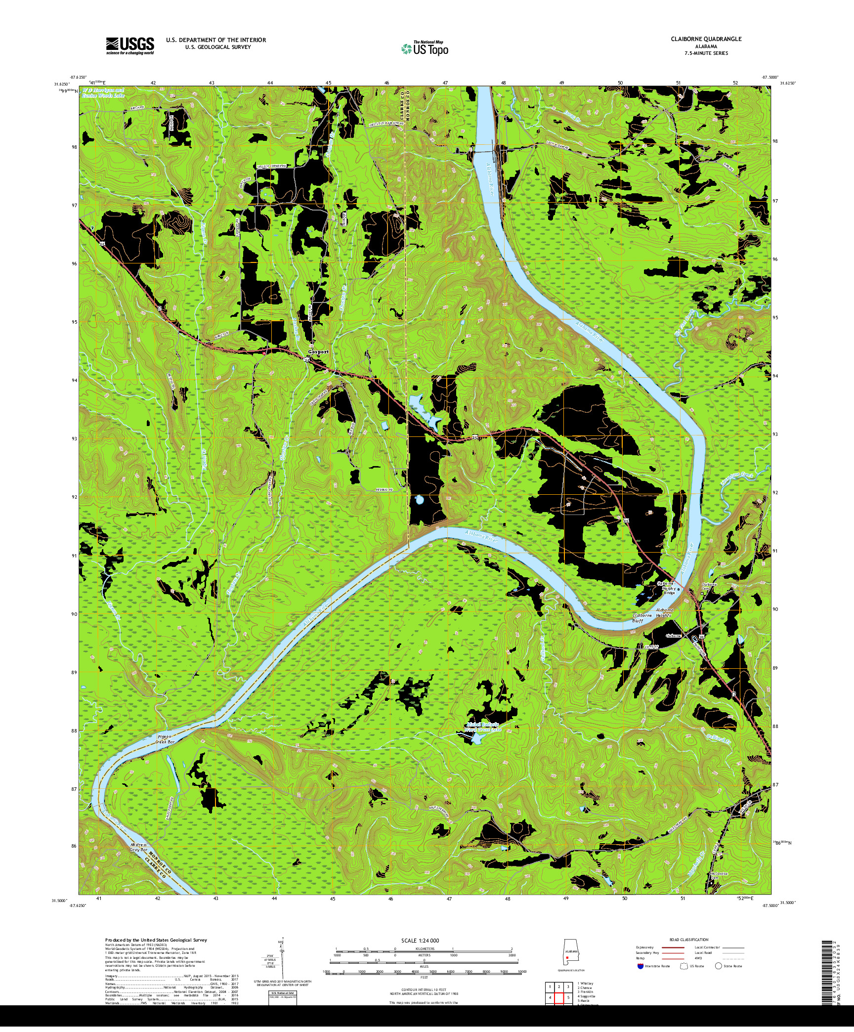 USGS US TOPO 7.5-MINUTE MAP FOR CLAIBORNE, AL 2018