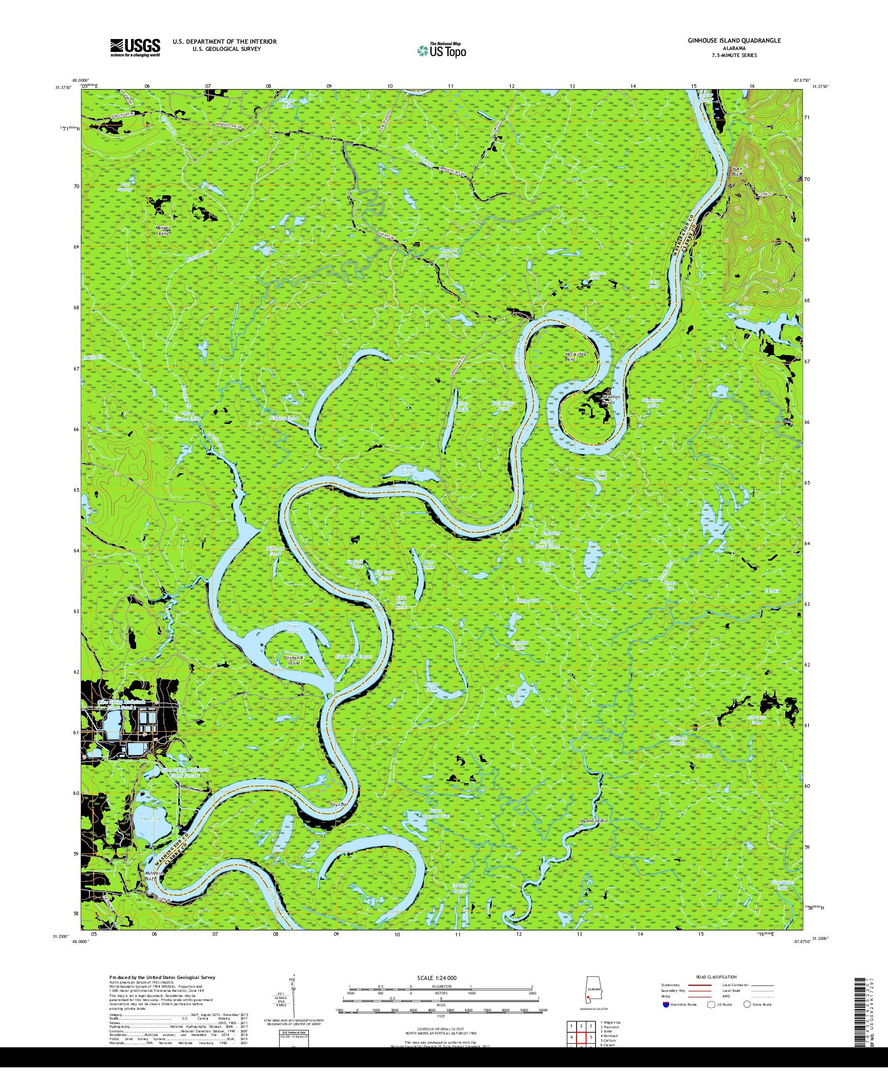 USGS US TOPO 7.5-MINUTE MAP FOR GINHOUSE ISLAND, AL 2018