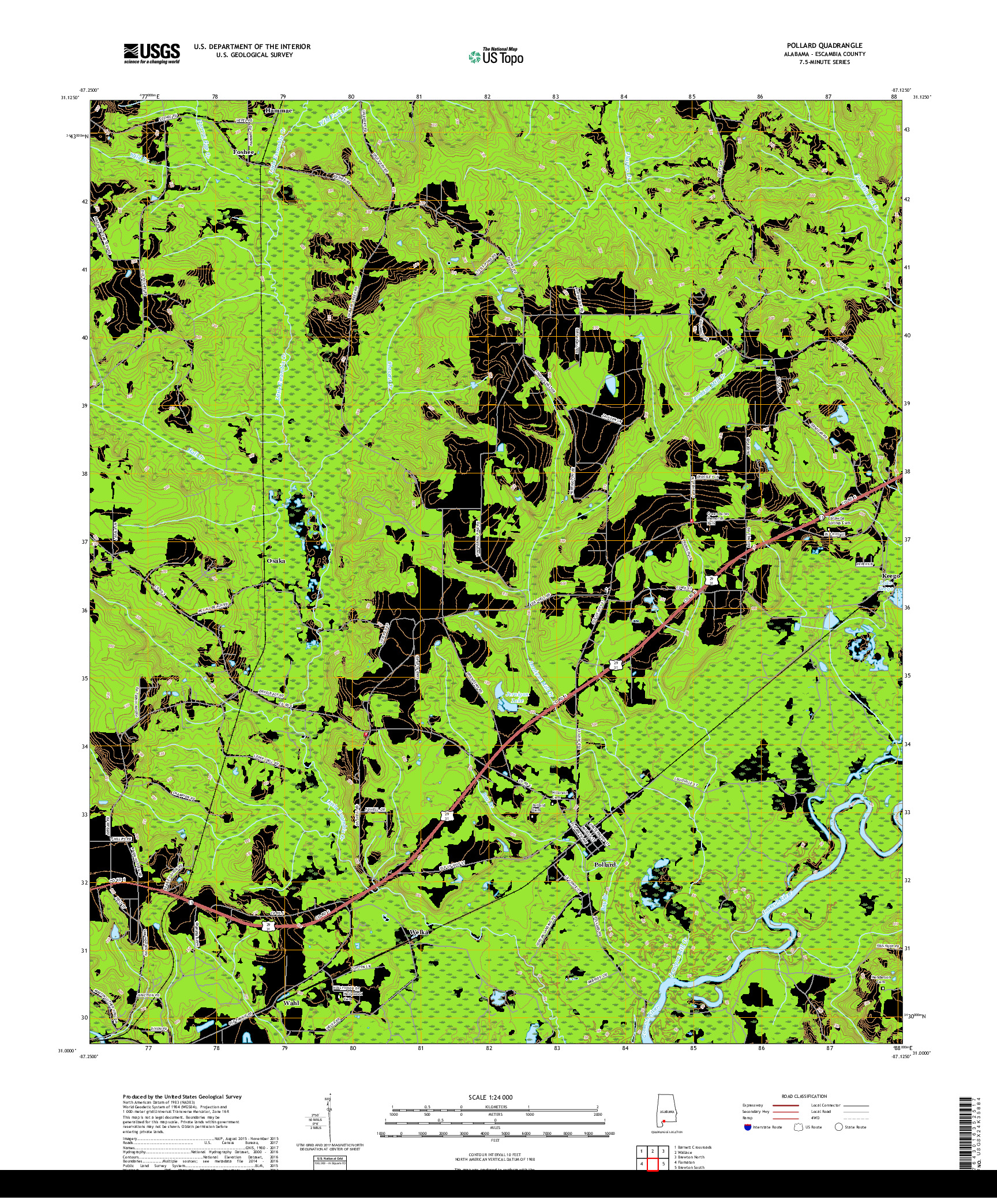 USGS US TOPO 7.5-MINUTE MAP FOR POLLARD, AL 2018