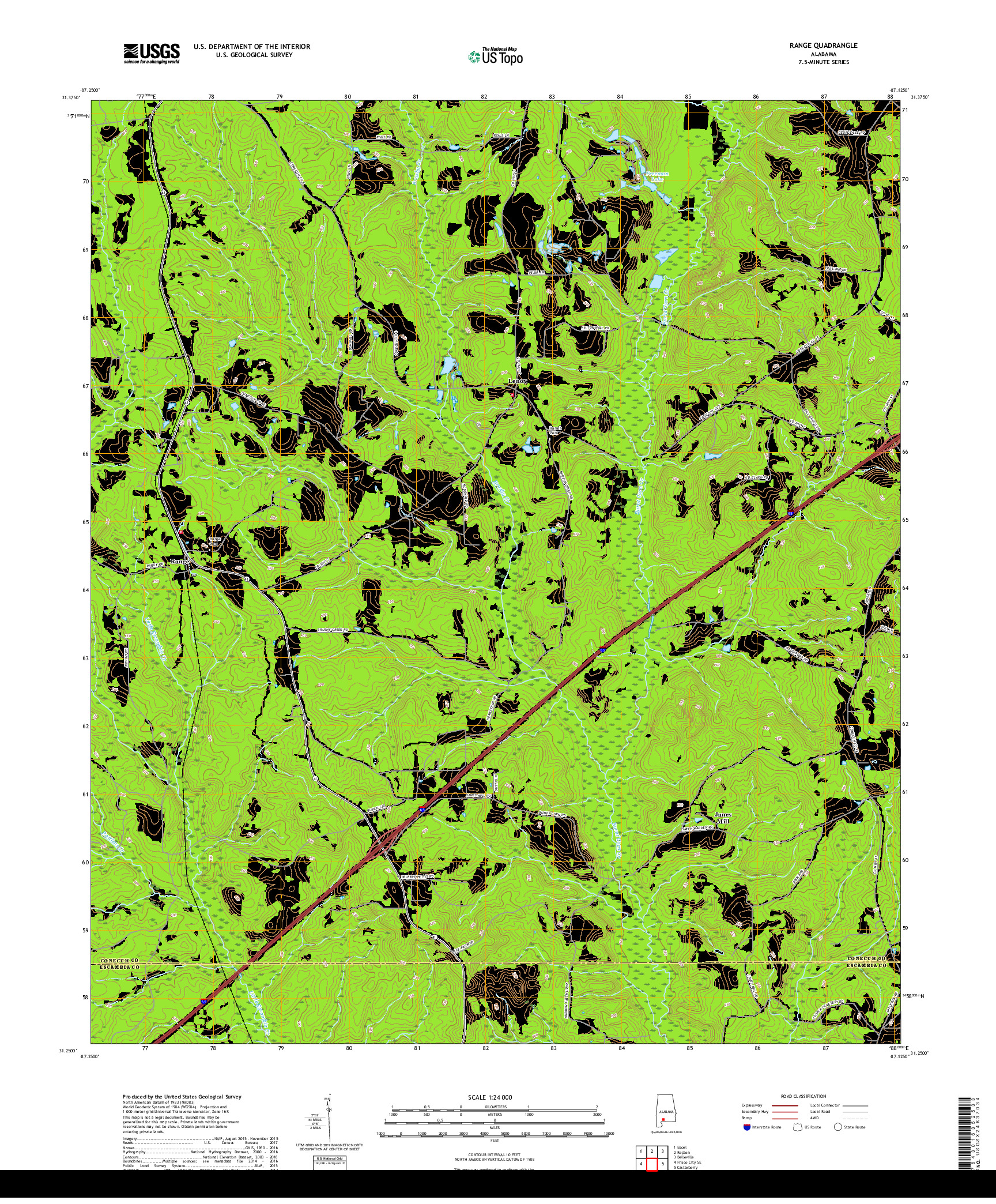 USGS US TOPO 7.5-MINUTE MAP FOR RANGE, AL 2018