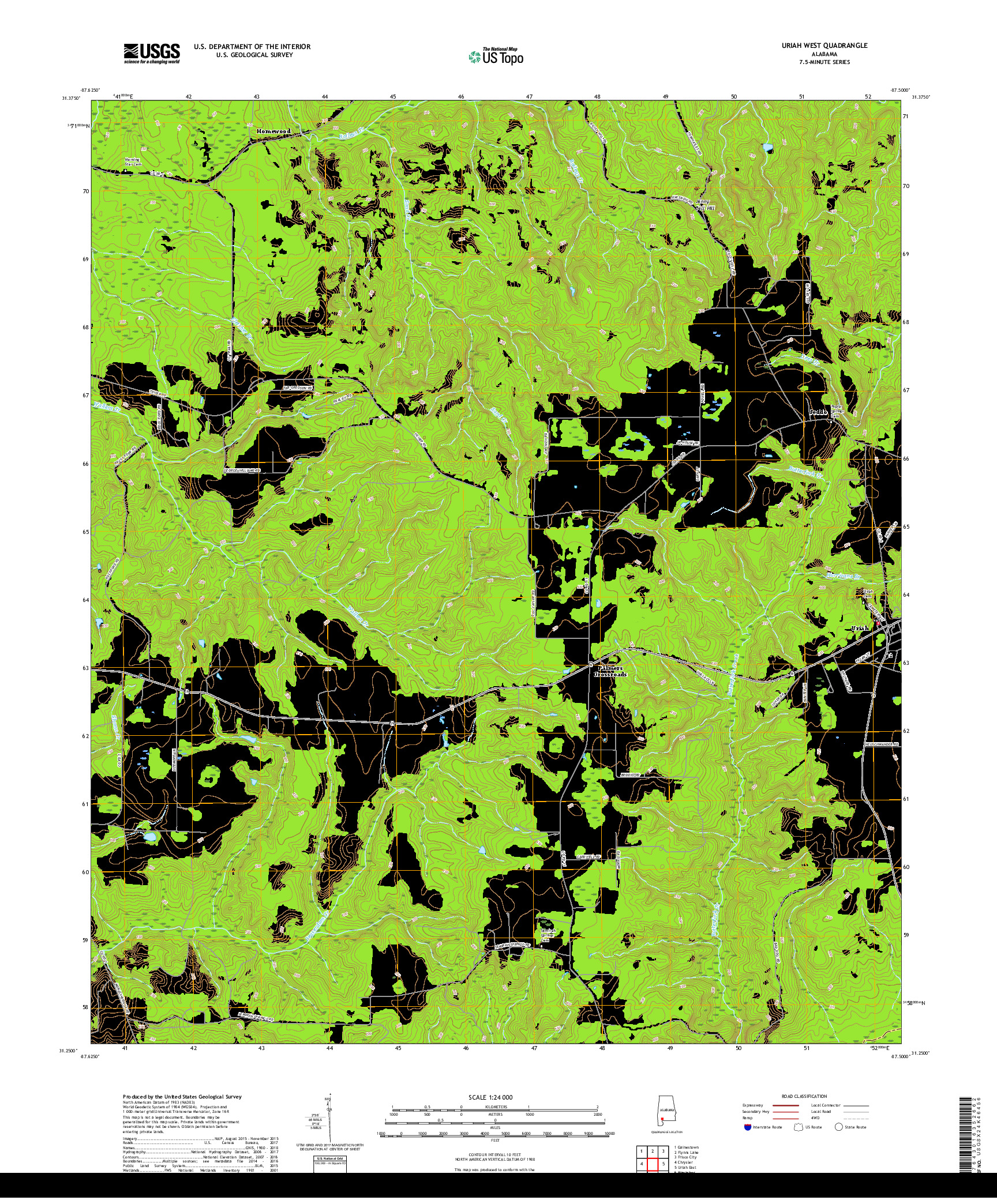 USGS US TOPO 7.5-MINUTE MAP FOR URIAH WEST, AL 2018