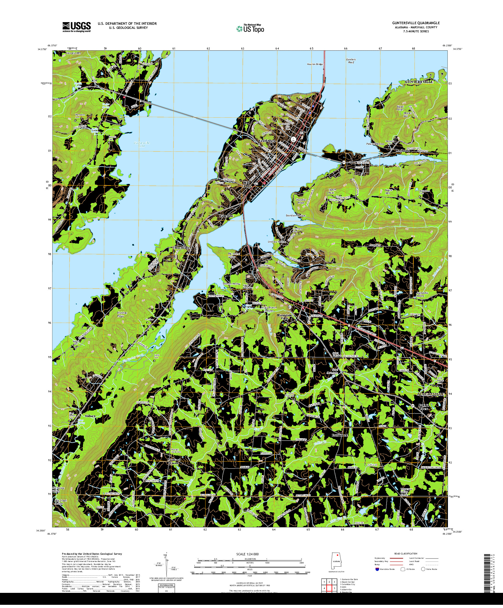 USGS US TOPO 7.5-MINUTE MAP FOR GUNTERSVILLE, AL 2018