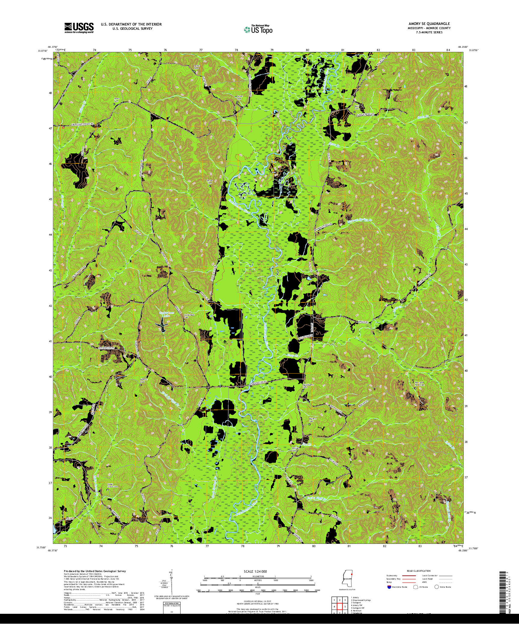 USGS US TOPO 7.5-MINUTE MAP FOR AMORY SE, MS 2018