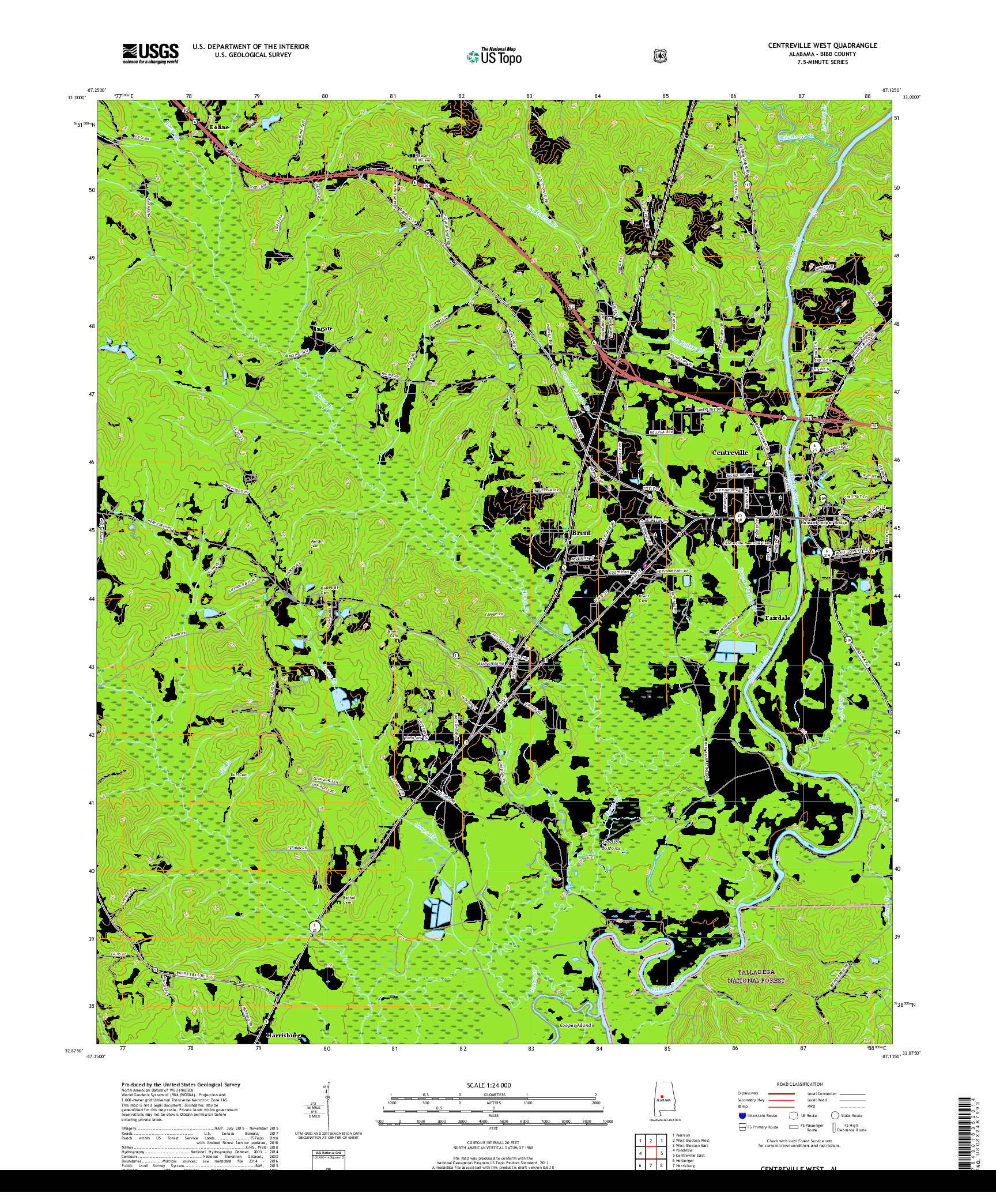 USGS US TOPO 7.5-MINUTE MAP FOR CENTREVILLE WEST, AL 2018