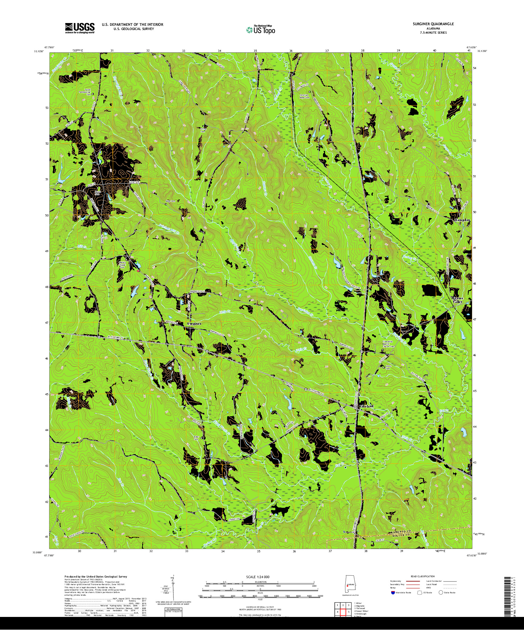 USGS US TOPO 7.5-MINUTE MAP FOR SURGINER, AL 2018