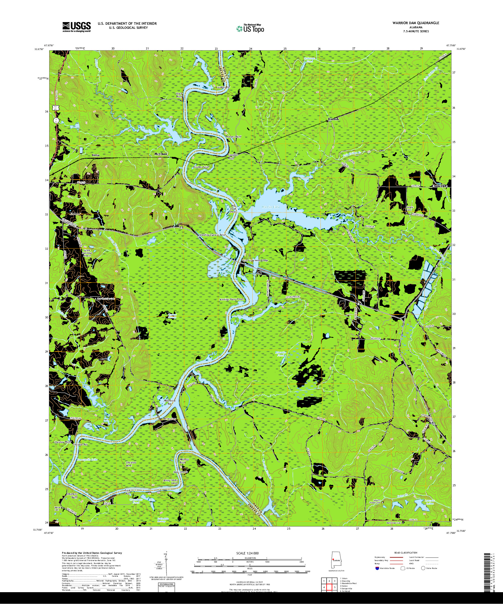 USGS US TOPO 7.5-MINUTE MAP FOR WARRIOR DAM, AL 2018